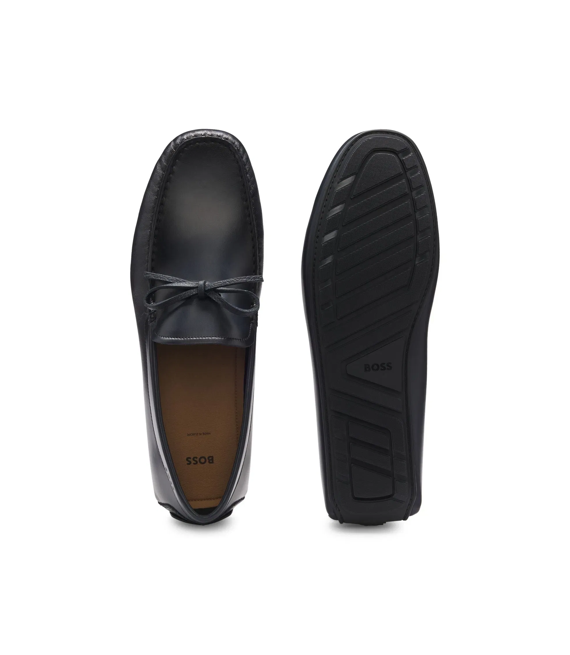 Boss Bow Trim Driver Moccasins In Leather Dark Blue Dark Blue
