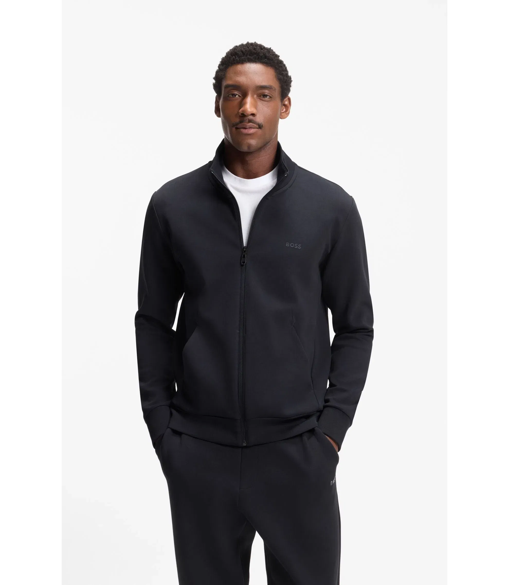 Boss Zip Up Sweatshirt In Stretch Cotton With Logo Print Dark Blue