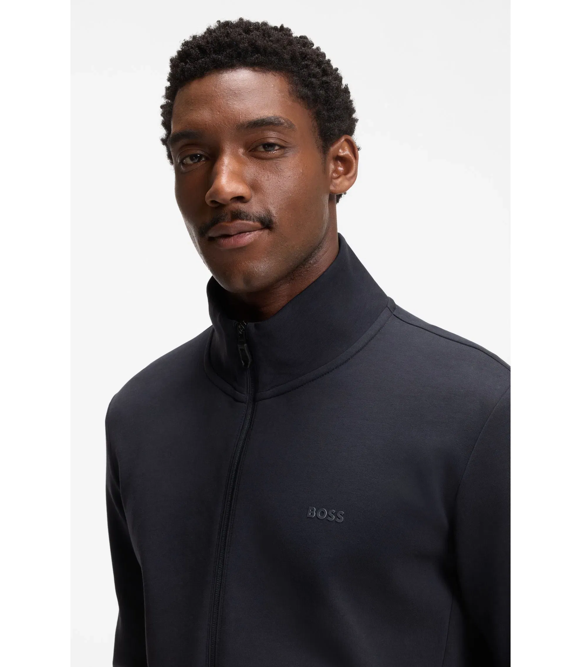 Boss Zip Up Sweatshirt In Stretch Cotton With Logo Print Dark Blue