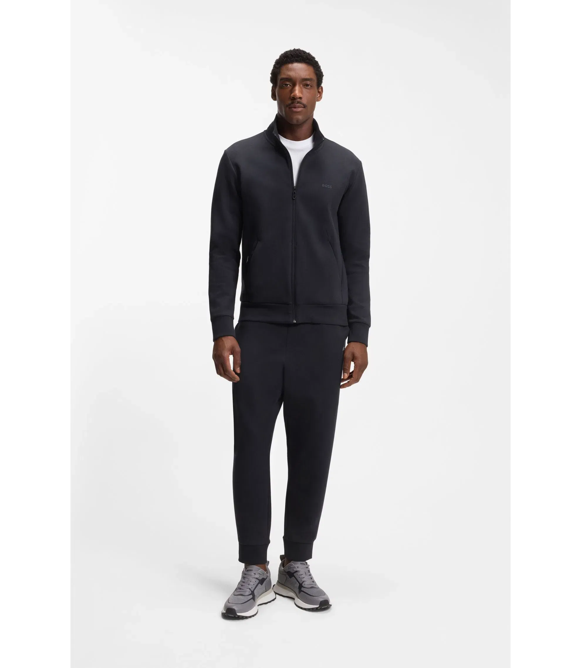 Boss Zip Up Sweatshirt In Stretch Cotton With Logo Print Dark Blue