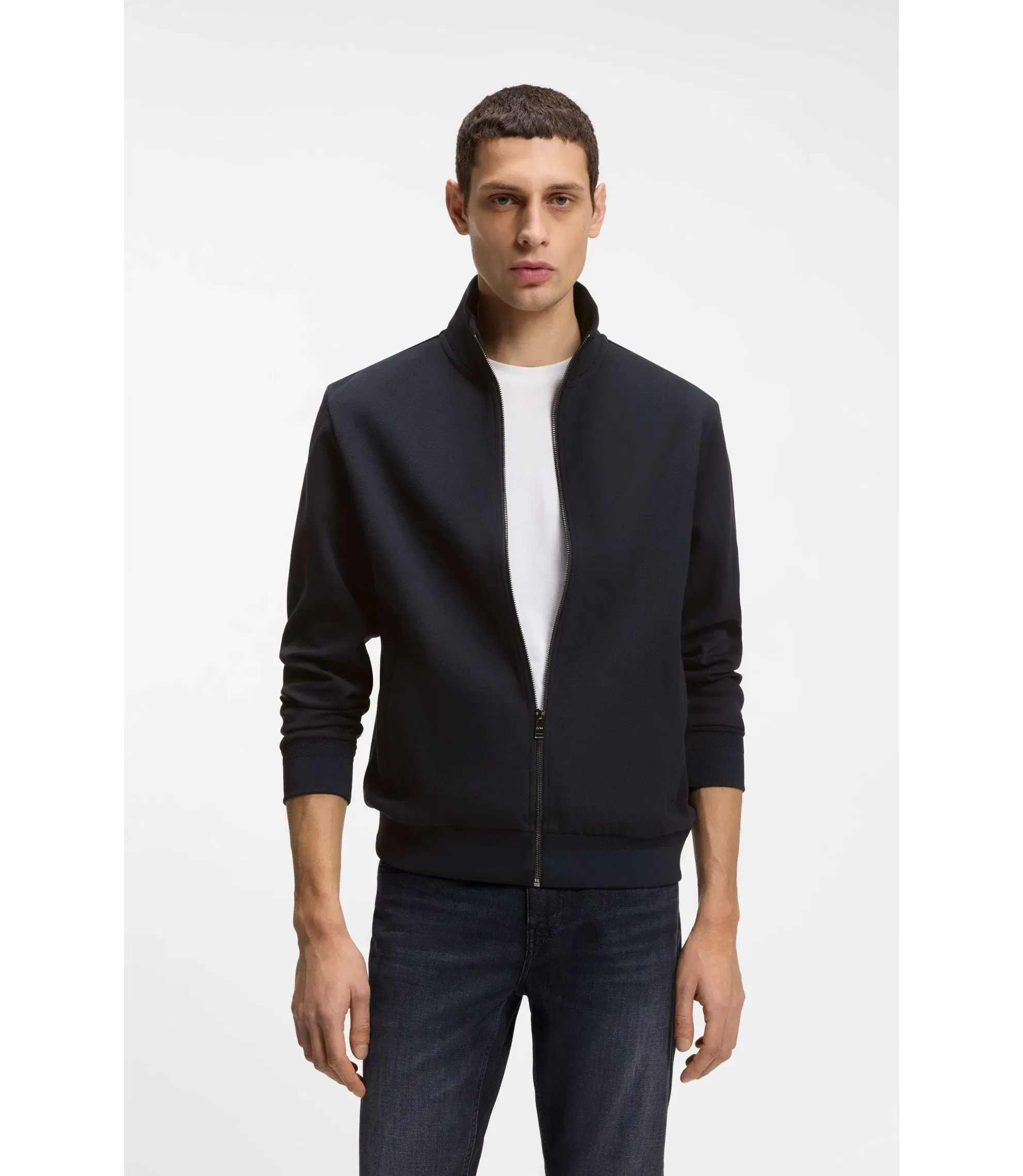 Boss Zip Up Sweatshirt In Mercerized Stretch Cotton Piqu Dark Blue