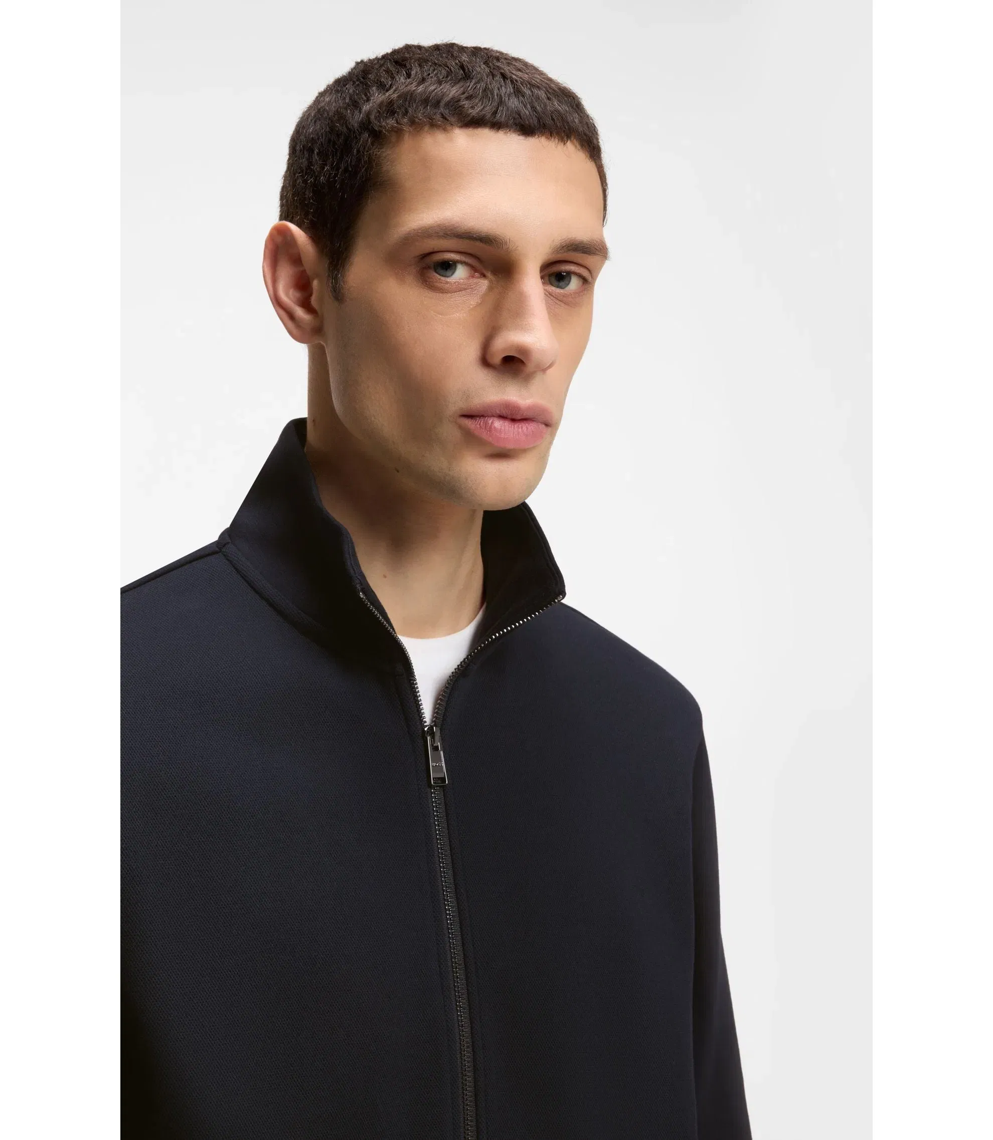 Boss Zip Up Sweatshirt In Mercerized Stretch Cotton Piqu Dark Blue