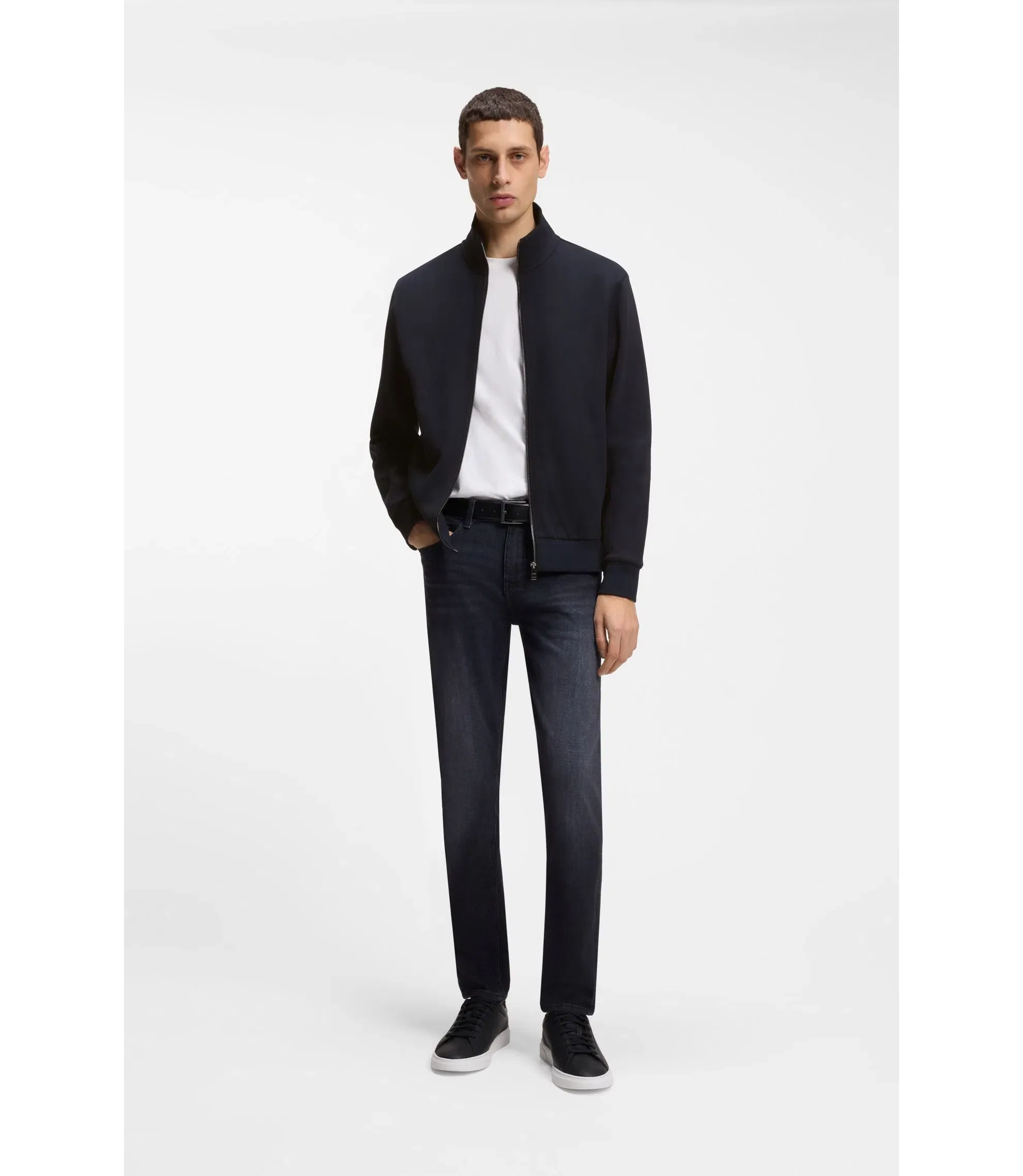 Boss Zip Up Sweatshirt In Mercerized Stretch Cotton Piqu Dark Blue