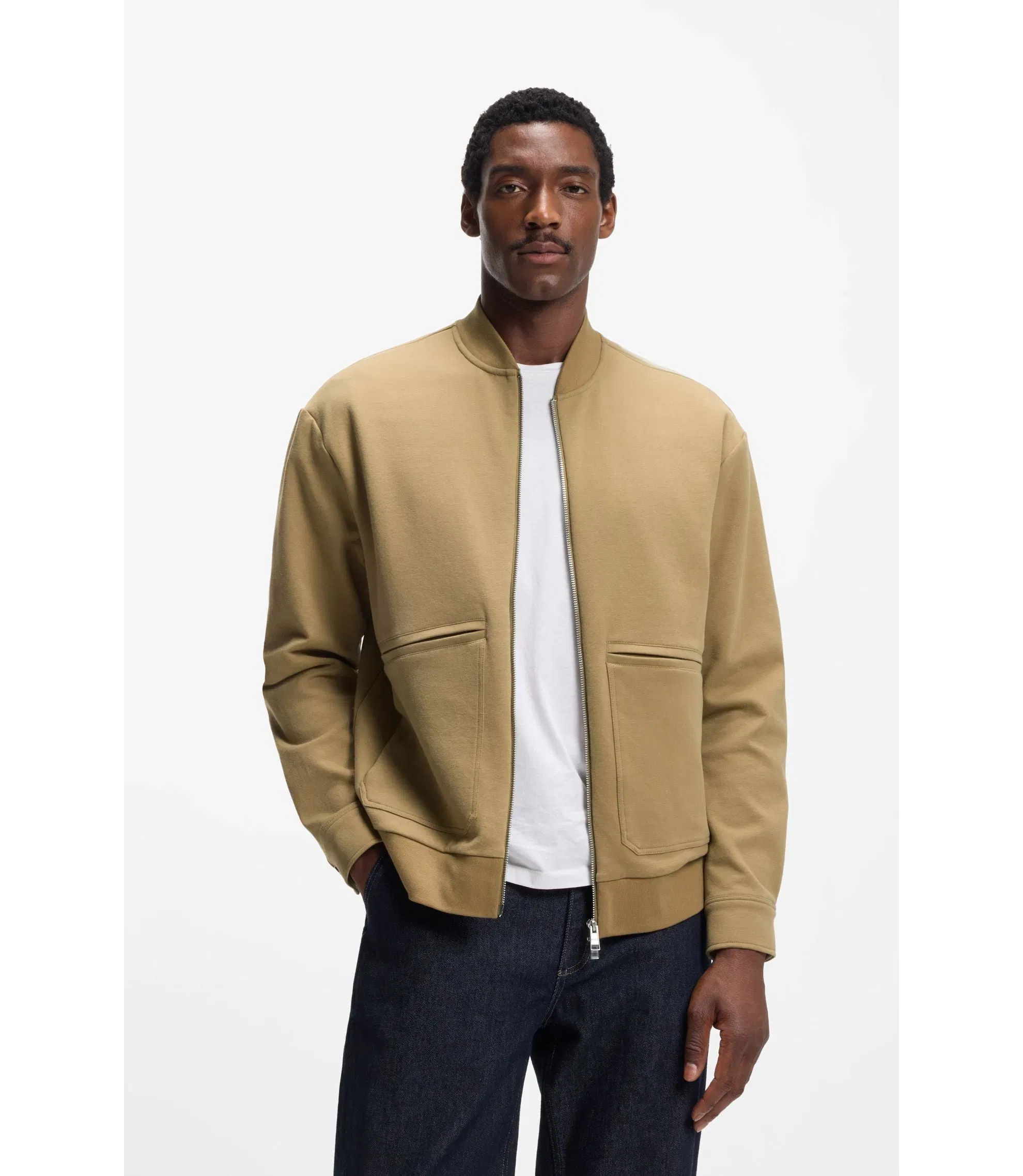 Boss Zip Up Sweatshirt In A Peached Cotton Blend Khaki