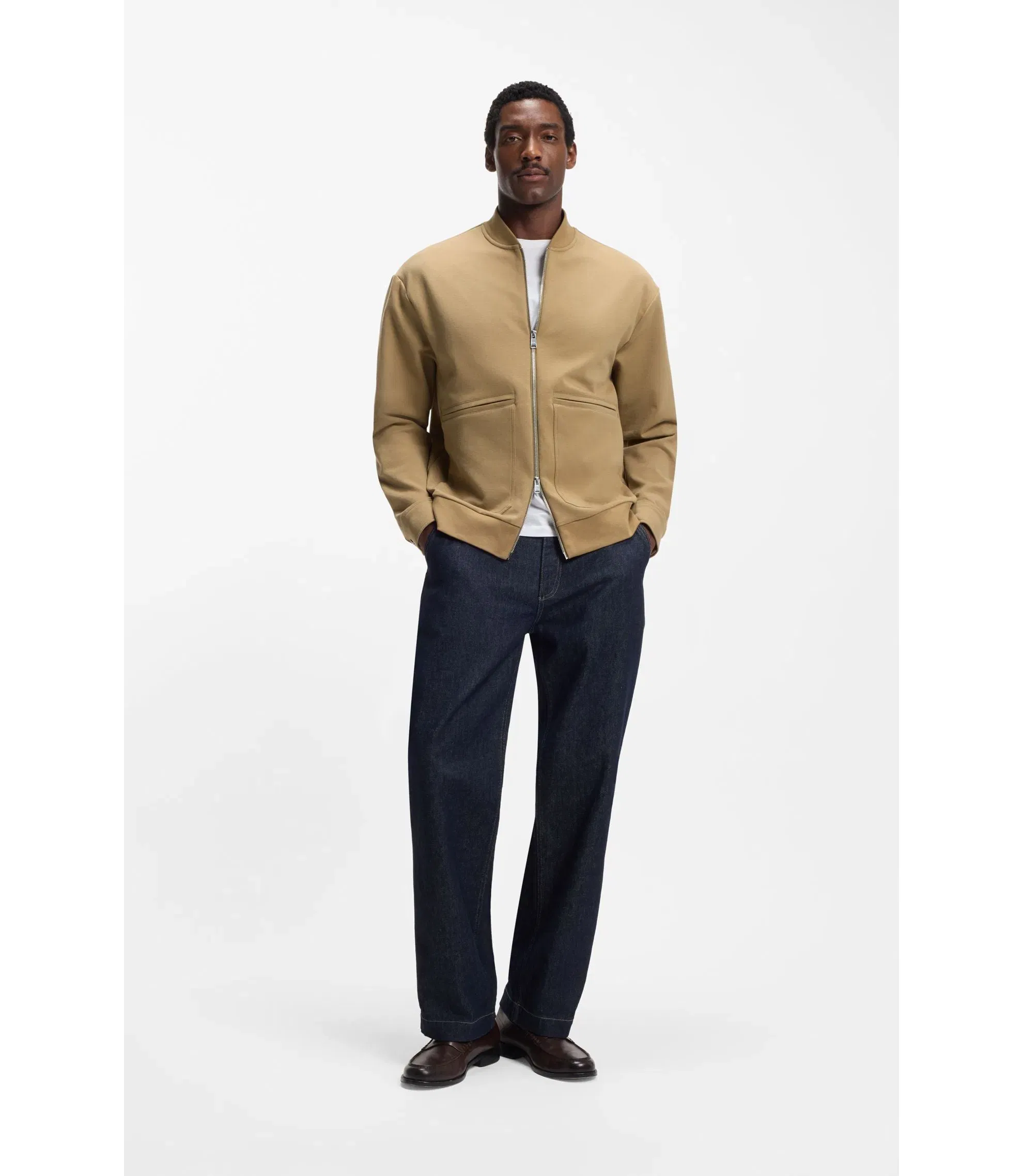 Boss Zip Up Sweatshirt In A Peached Cotton Blend Khaki