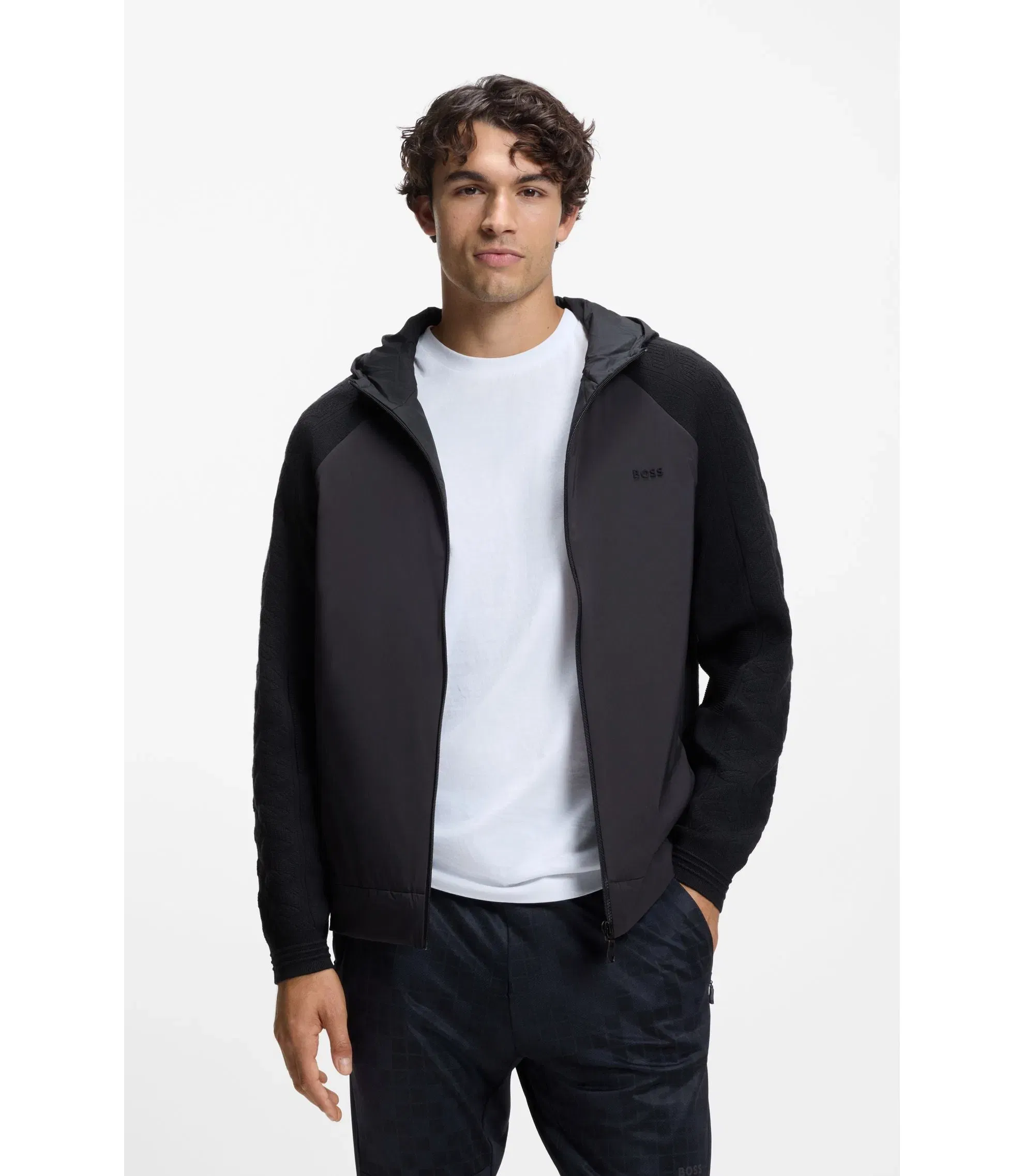Boss Zip Up Hoodie With Tonal Textured Jacquard Dark Blue