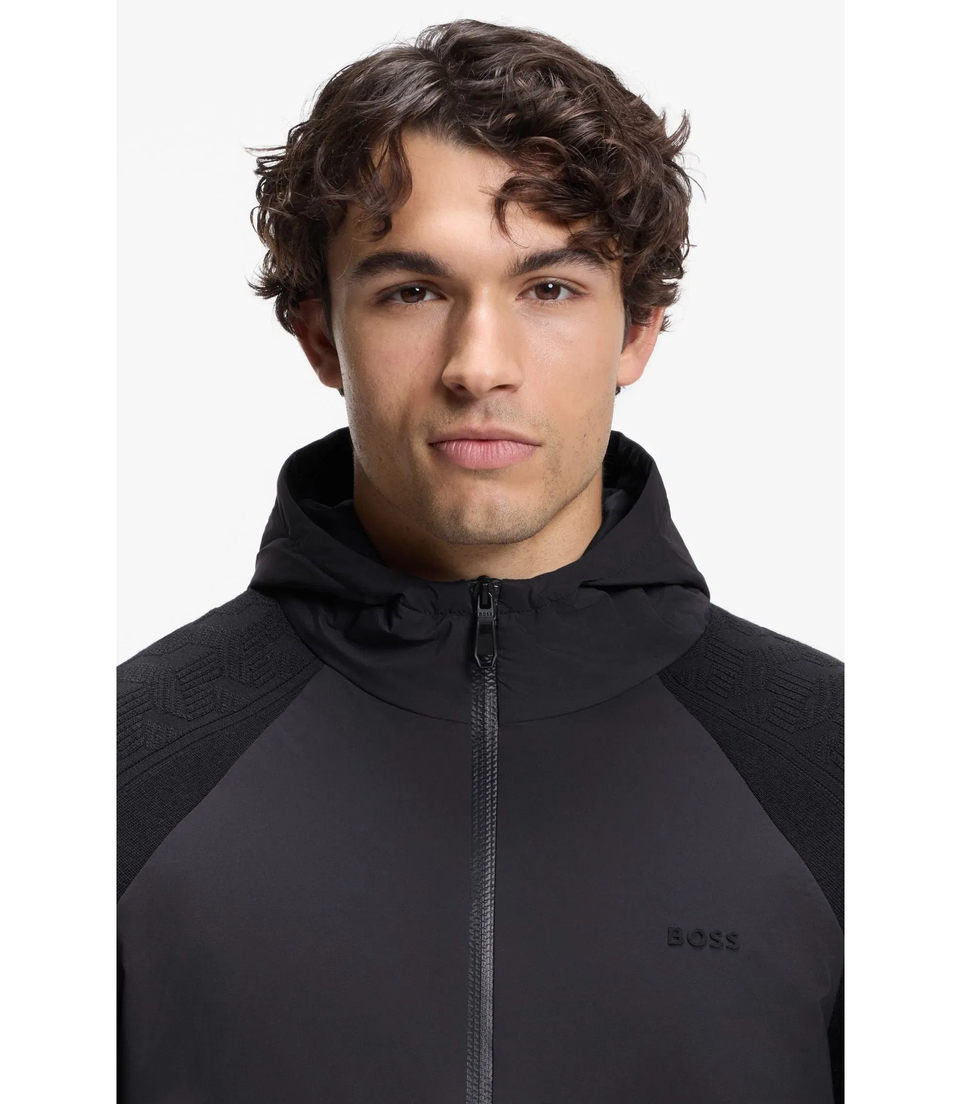 Boss Zip Up Hoodie With Tonal Textured Jacquard Dark Blue