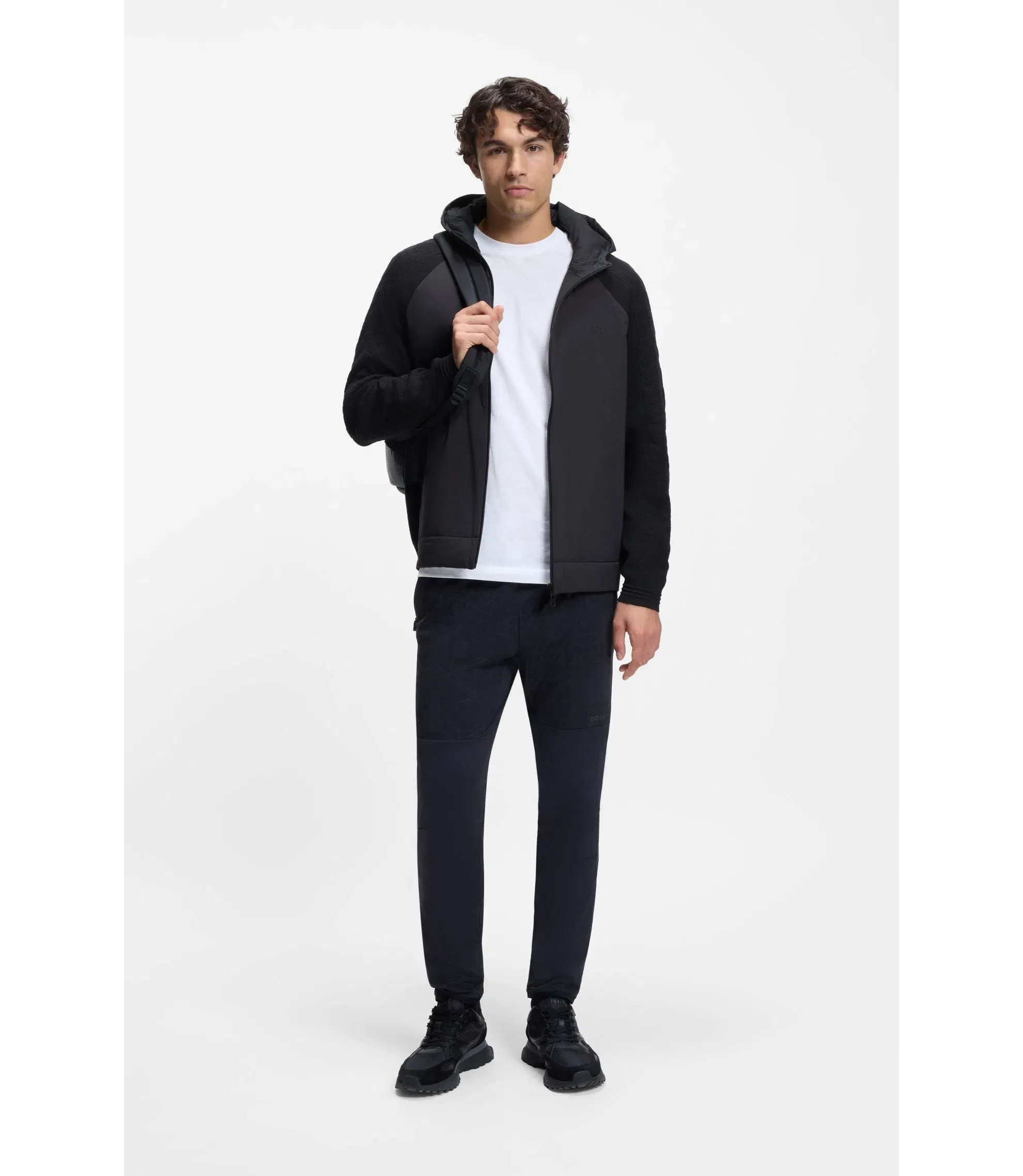 Boss Zip Up Hoodie With Tonal Textured Jacquard Dark Blue