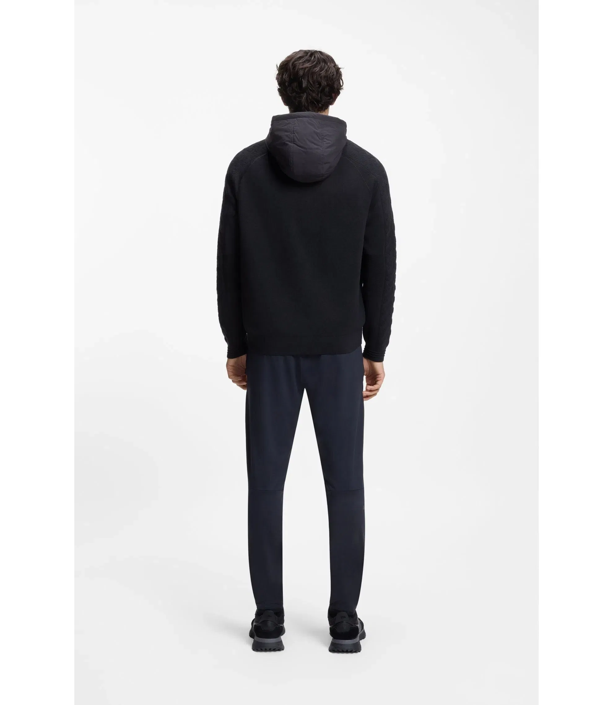 Boss Zip Up Hoodie With Tonal Textured Jacquard Dark Blue