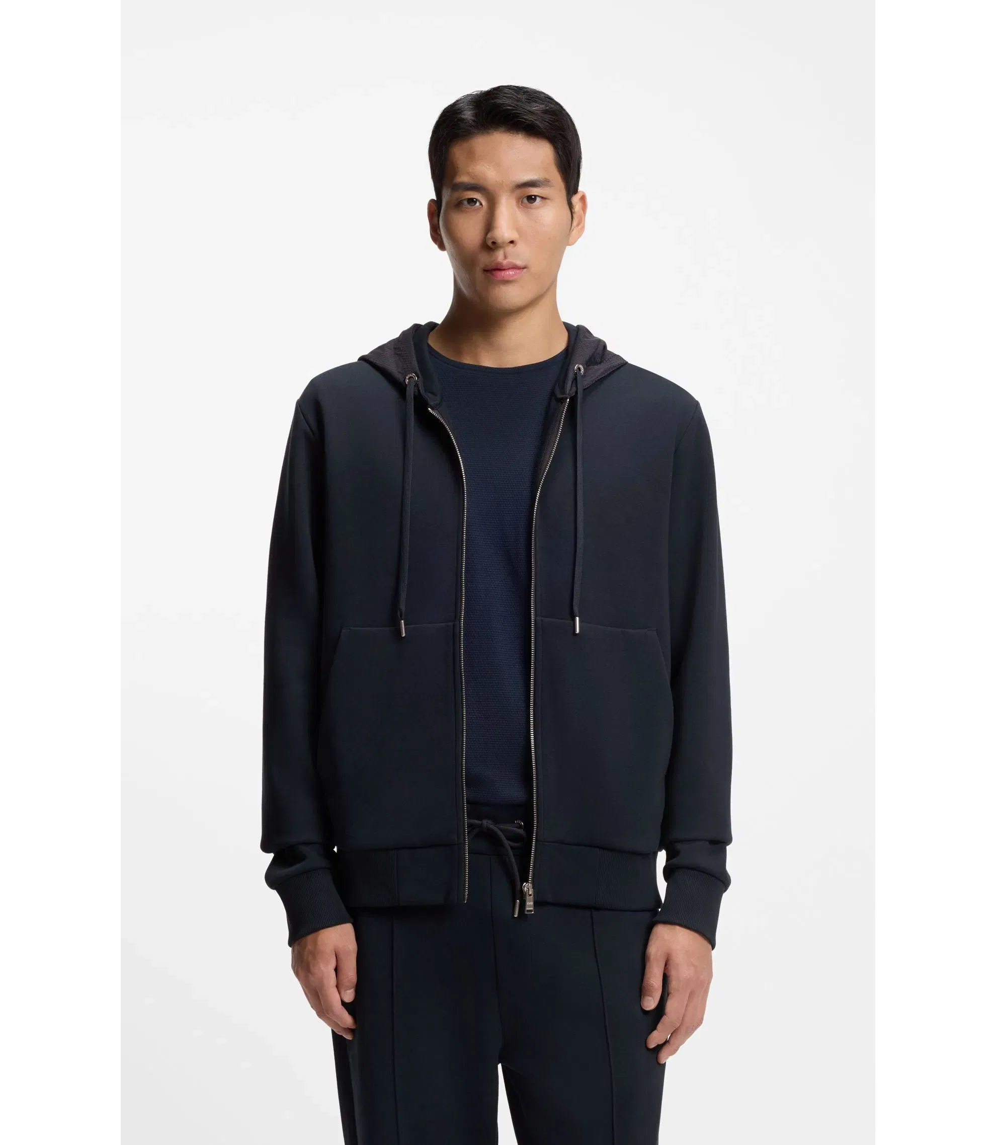 Boss Zip Up Hoodie With Monogram Hood Dark Blue