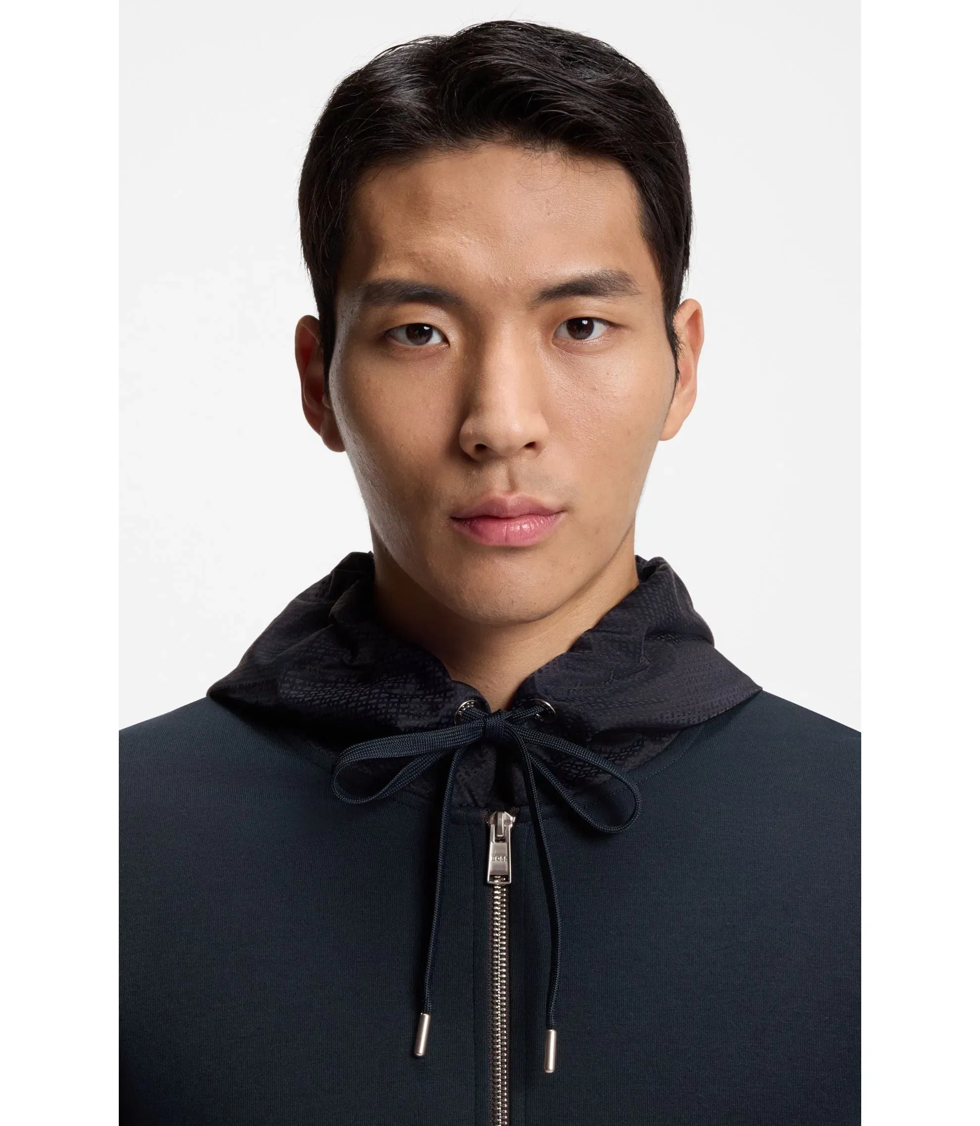 Boss Zip Up Hoodie With Monogram Hood Dark Blue