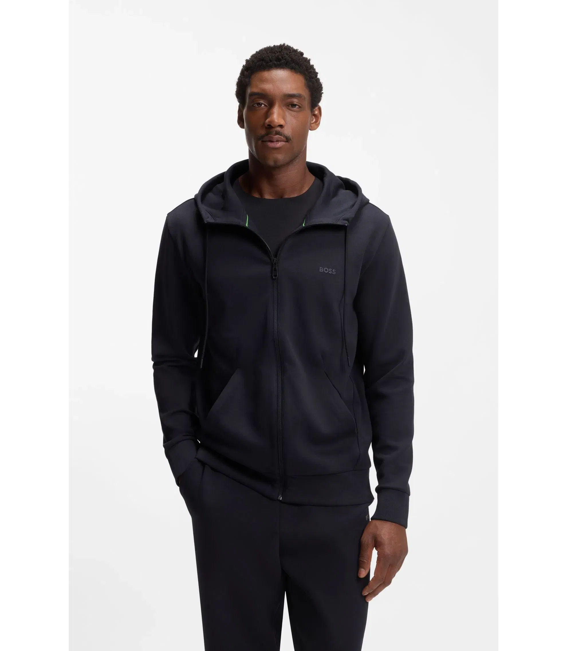Boss Zip Up Hoodie In Stretch Cotton With Logo Print Dark Blue