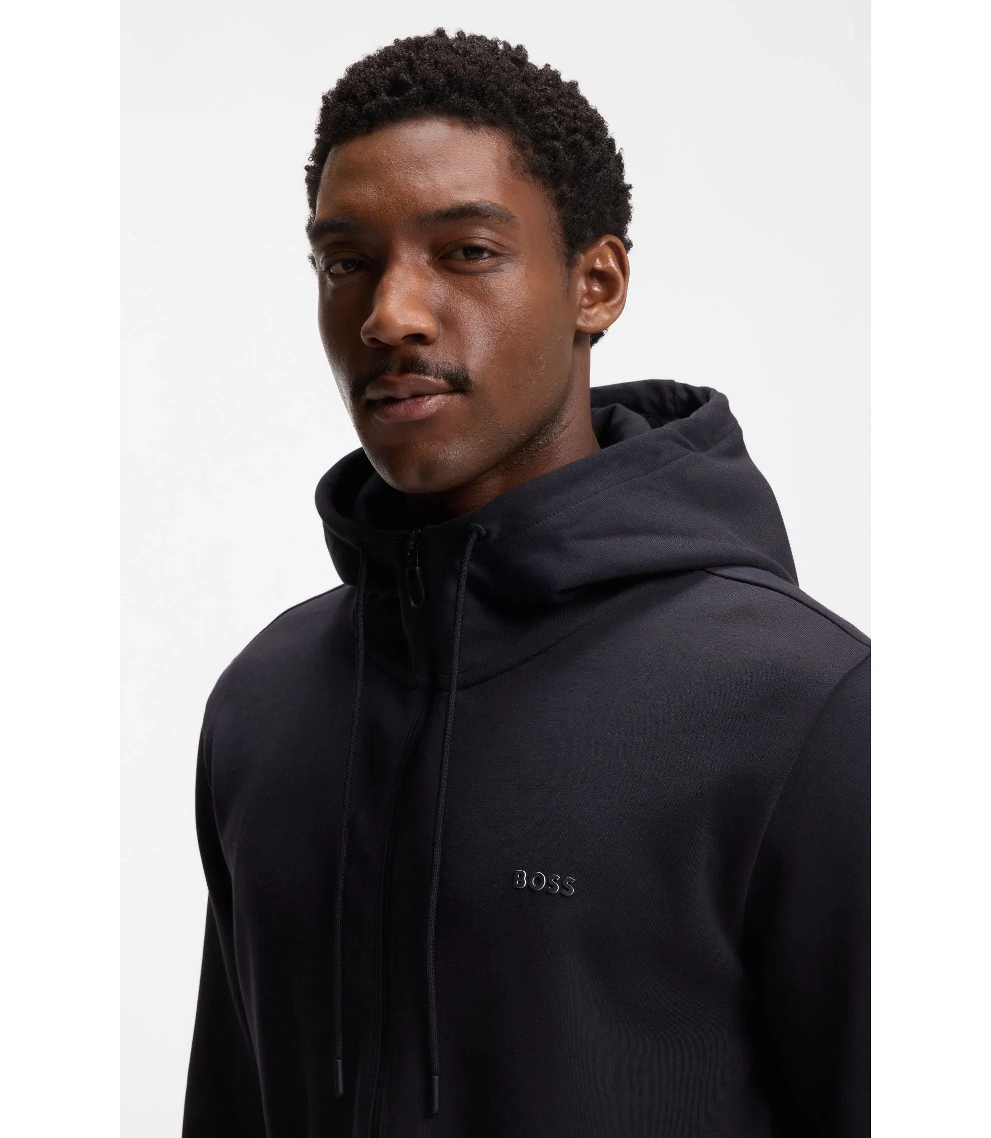 Boss Zip Up Hoodie In Stretch Cotton With Logo Print Dark Blue