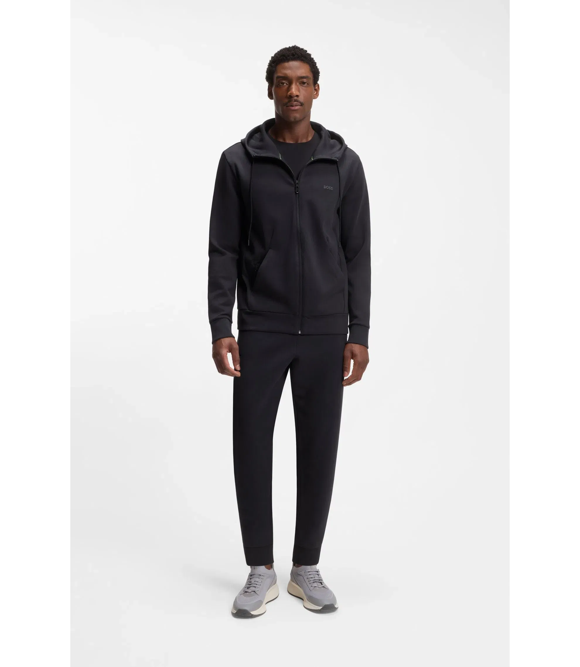 Boss Zip Up Hoodie In Stretch Cotton With Logo Print Dark Blue