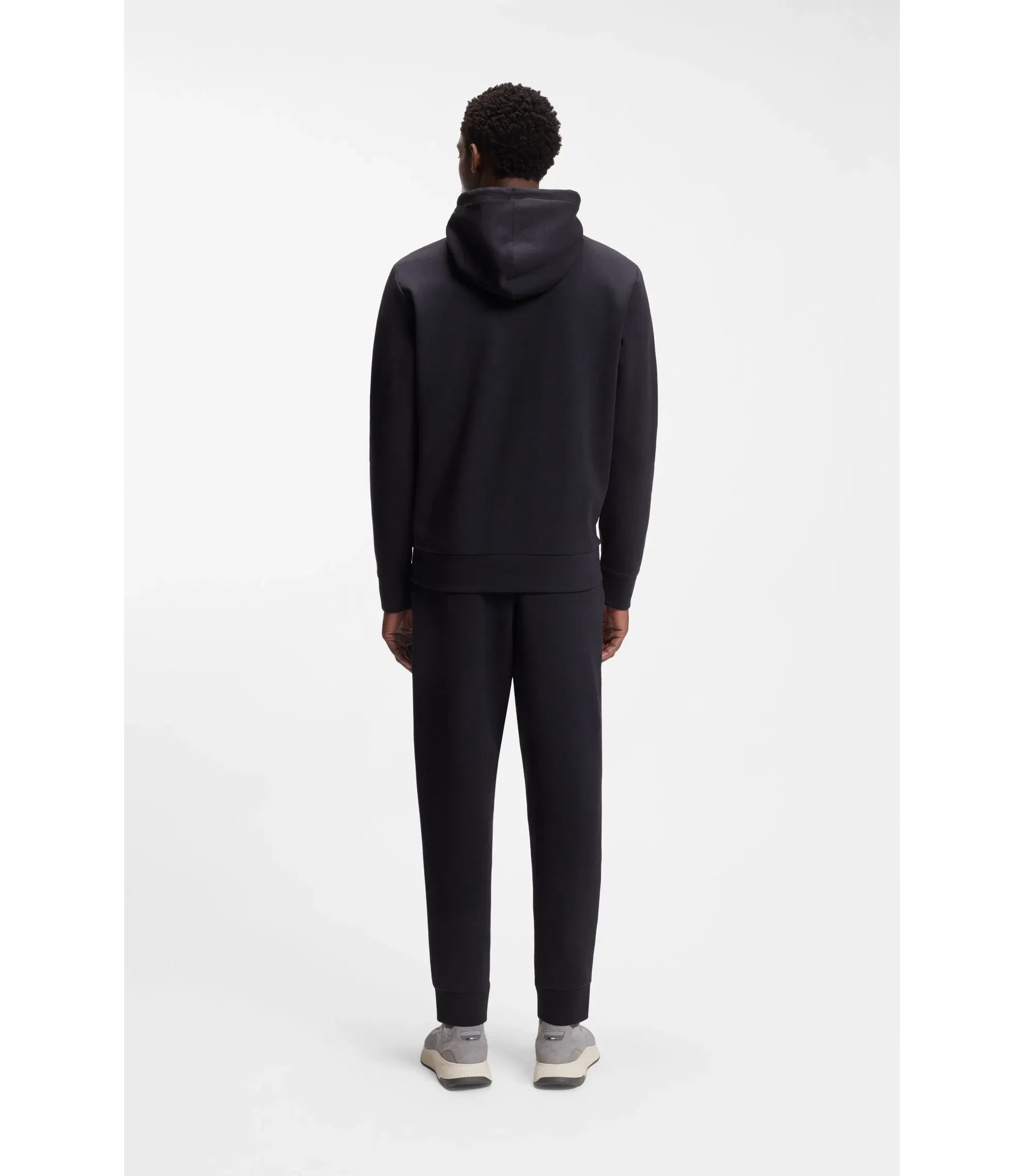 Boss Zip Up Hoodie In Stretch Cotton With Logo Print Dark Blue