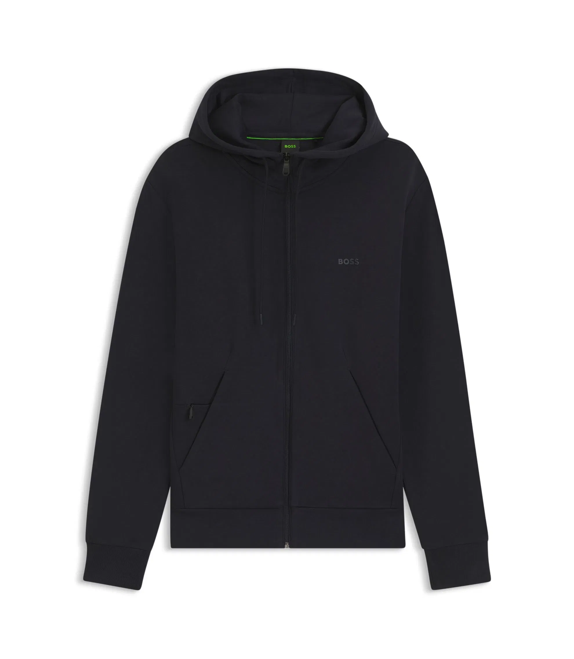 Boss Zip Up Hoodie In Stretch Cotton With Logo Print Dark Blue