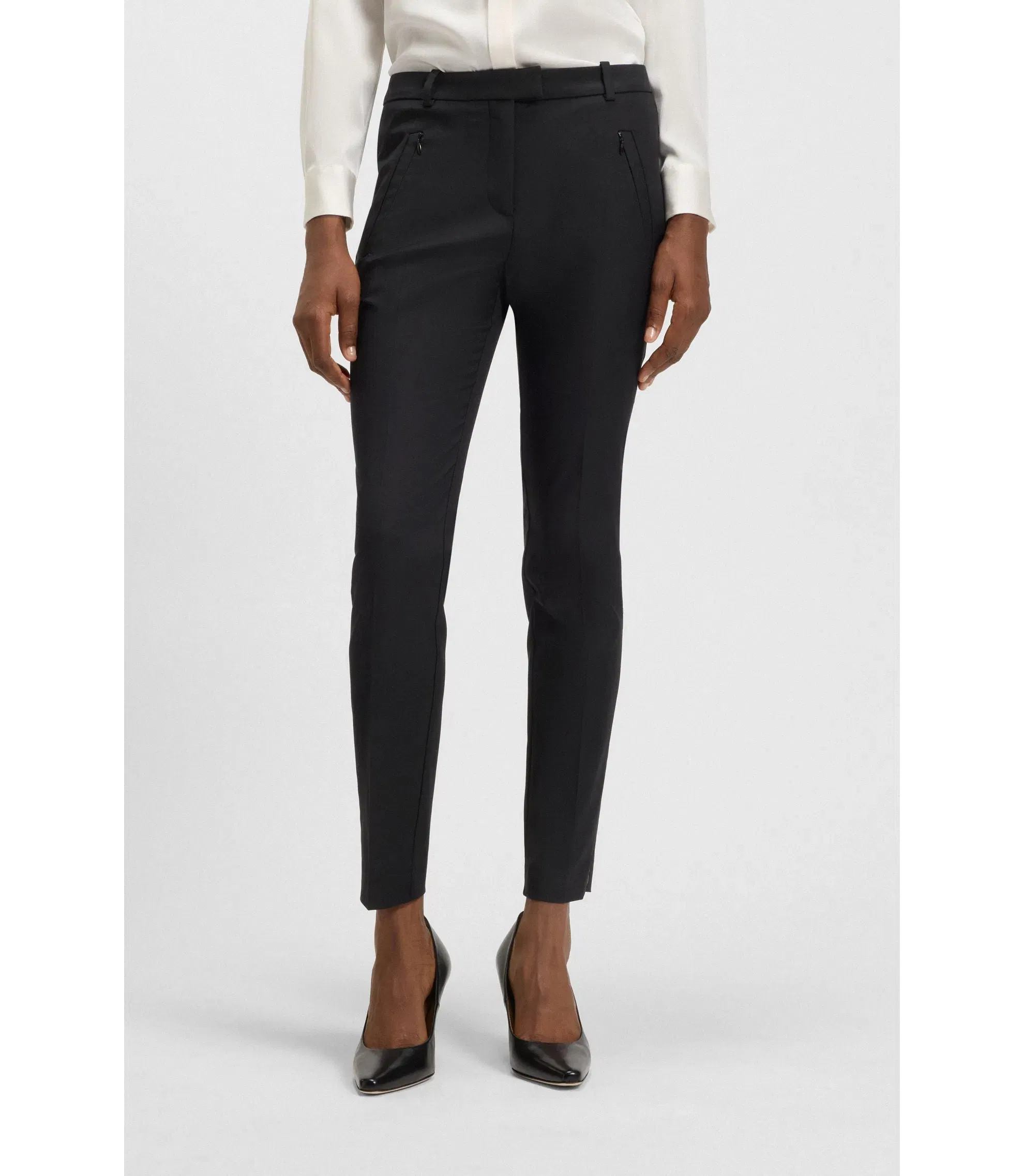 Boss Zipped Hem Slim Fit Trousers With Cropped Length Black Women's