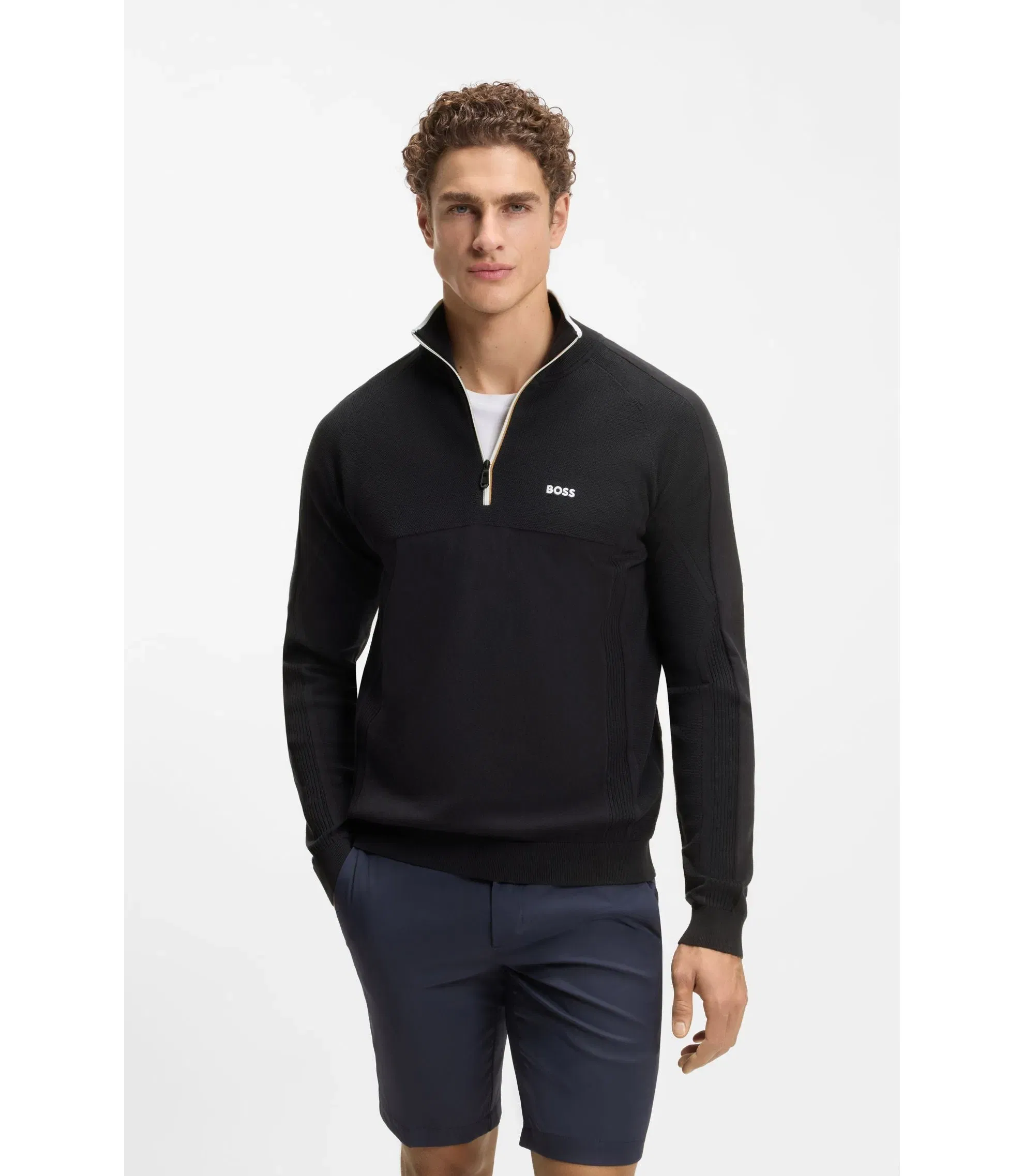 Boss Zip Neck Sweater Dark Blue