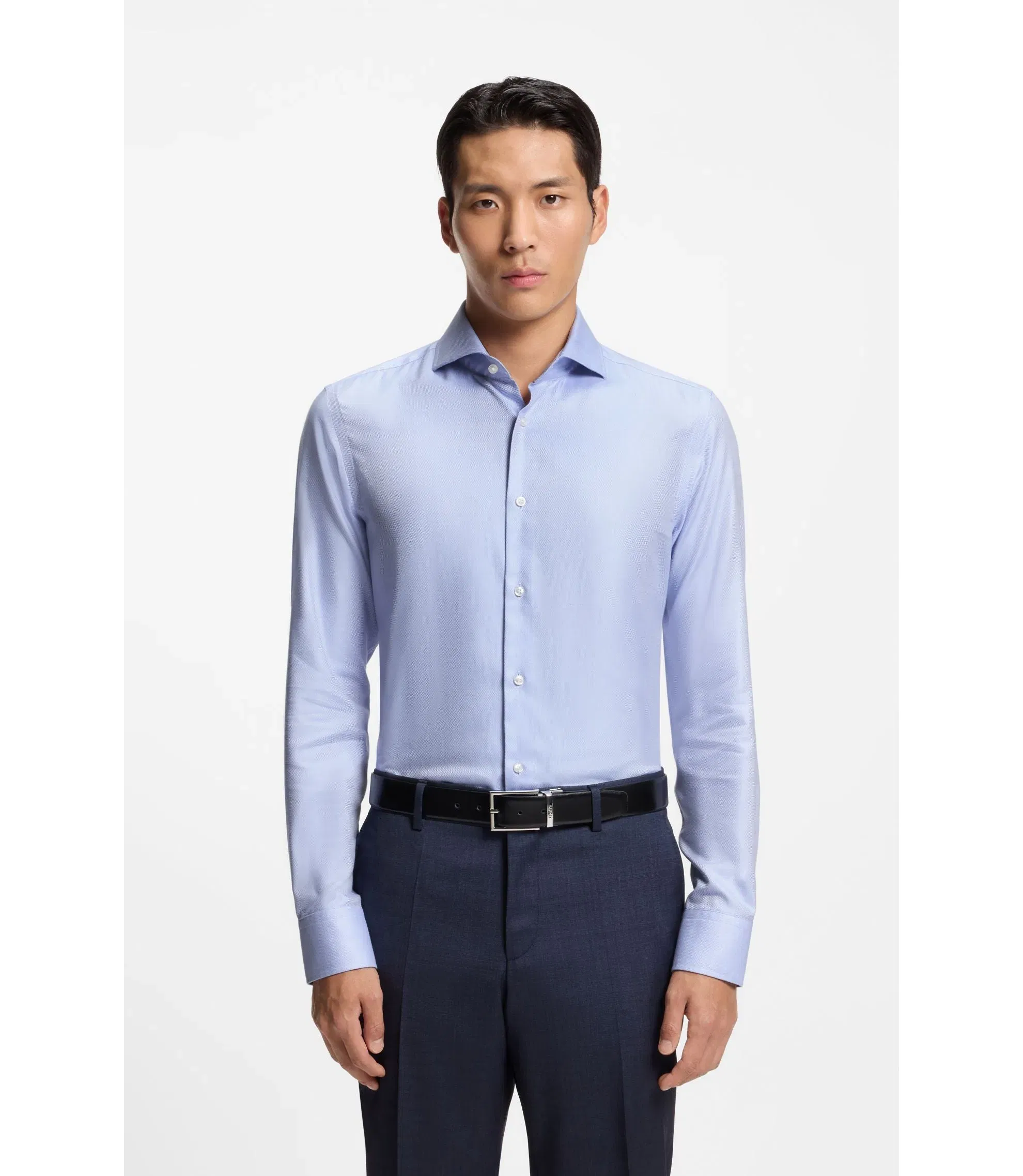 Boss Wrinkle Resistant Slim Fit Shirt In A Cotton Blend Light Blue