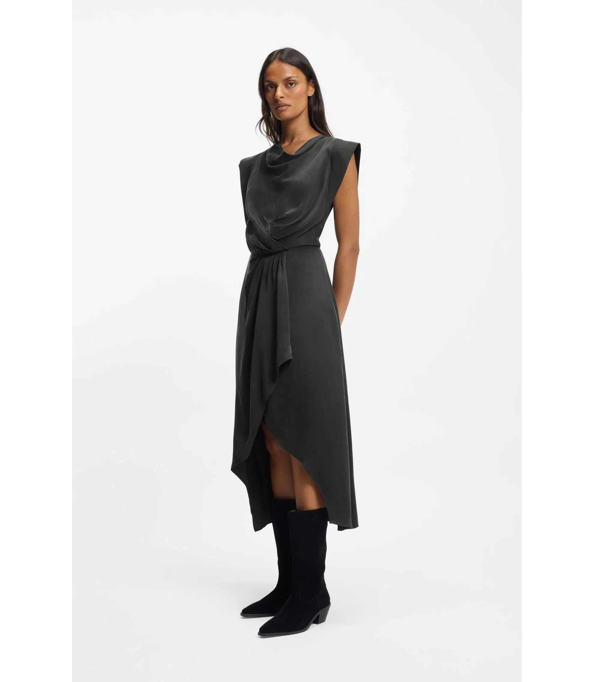 Boss Wrap Skirt Dress With Cowl Neck Light Grey Women's