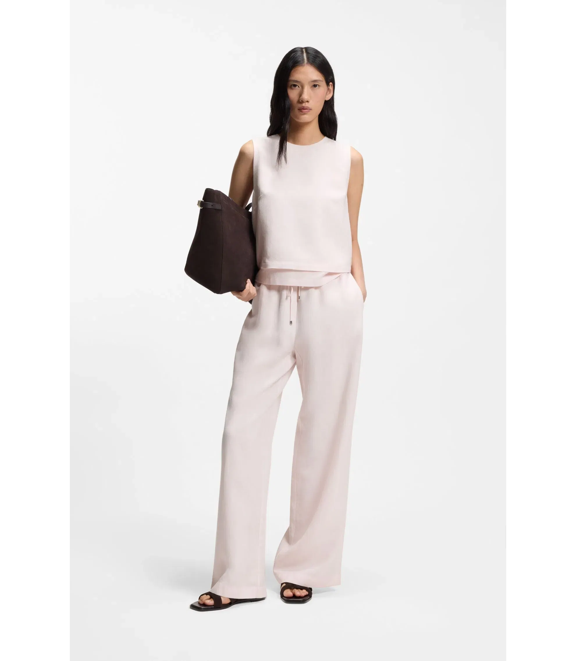 Boss Wide Leg Trousers With Elasticated Waistband Light Pink Women's