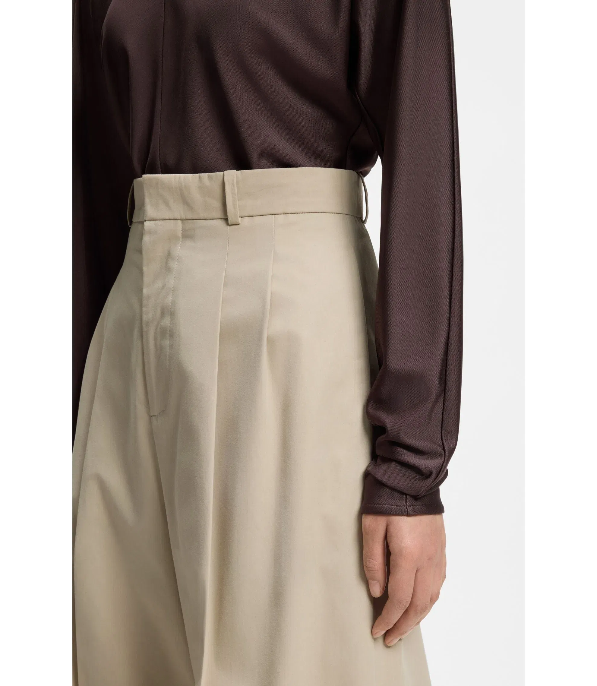 Boss Wide Leg Trousers In Cotton With Stretch Light Beige Women's