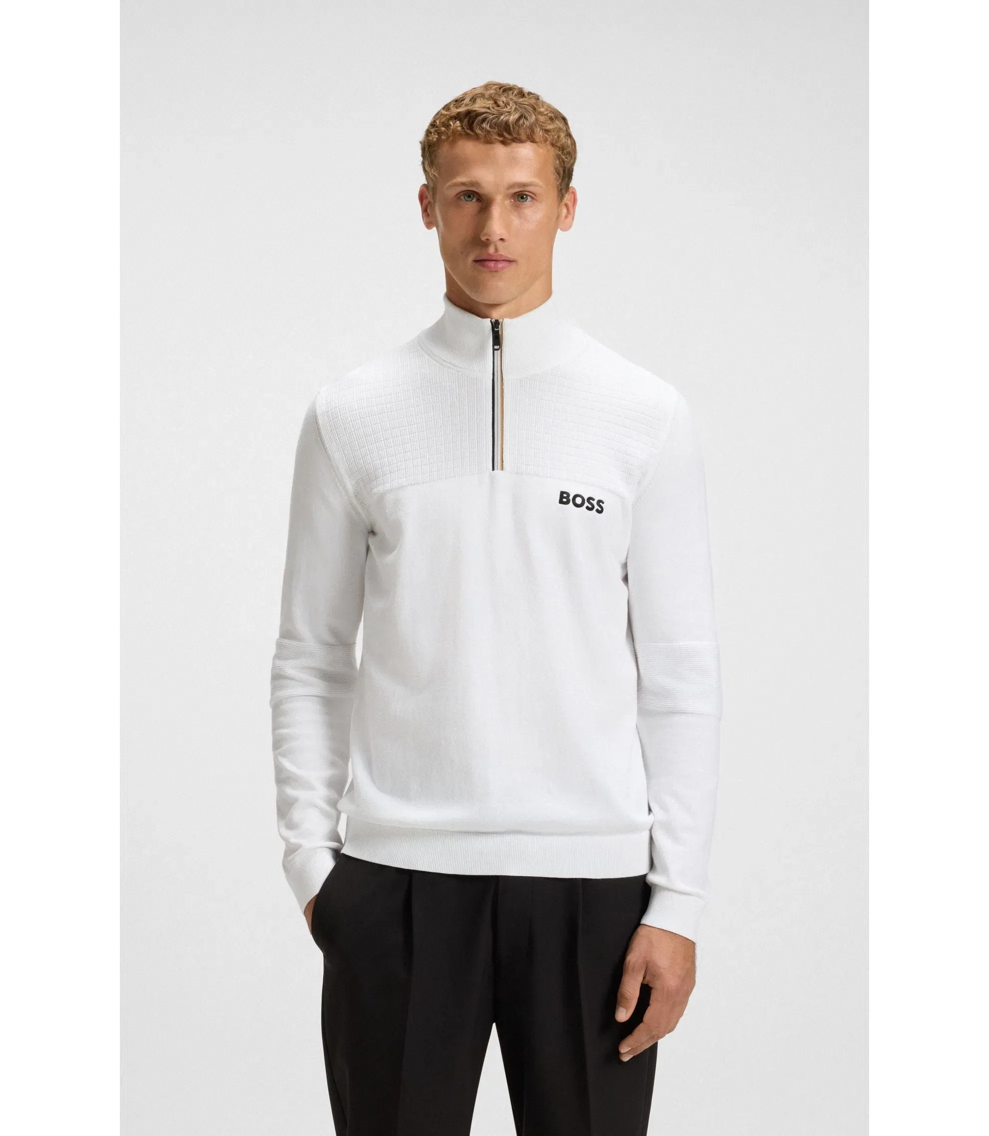 Boss Water Repellent Zip Neck Sweater In A Cotton Blend White