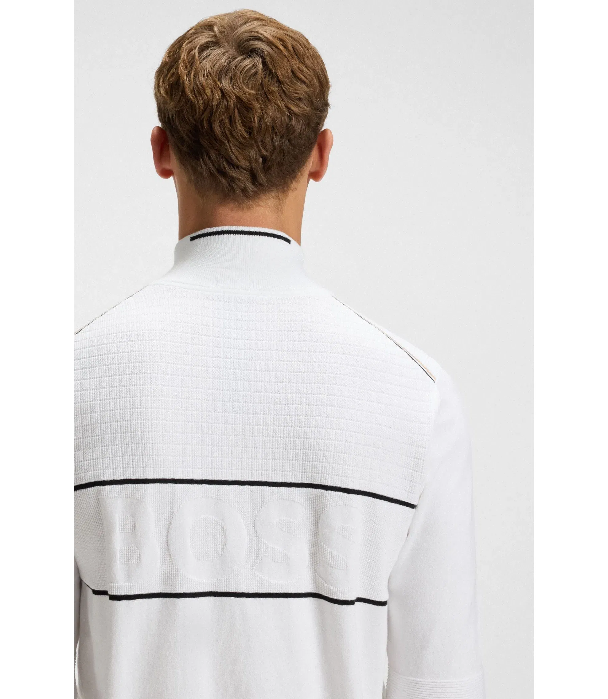 Boss Water Repellent Zip Neck Sweater In A Cotton Blend White