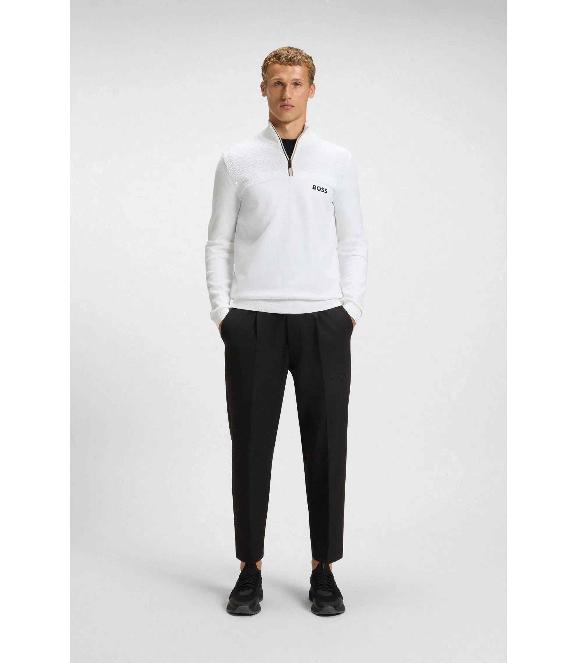 Boss Water Repellent Zip Neck Sweater In A Cotton Blend White