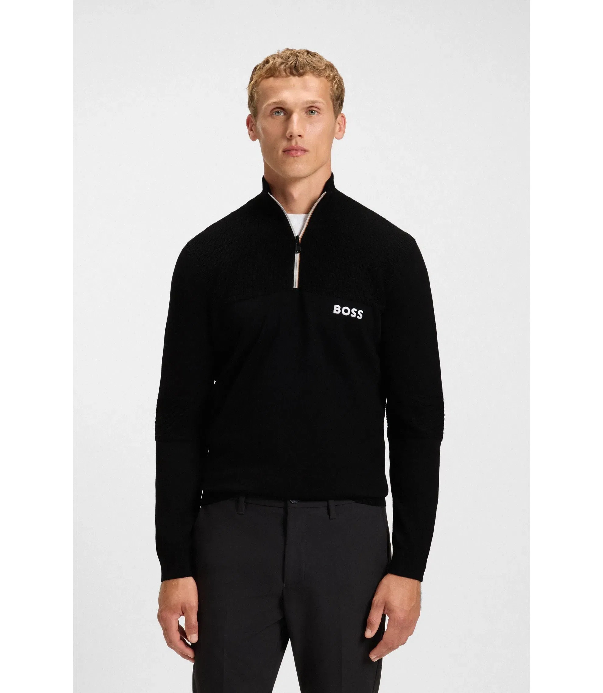 Boss Water Repellent Zip Neck Sweater In A Cotton Blend Black