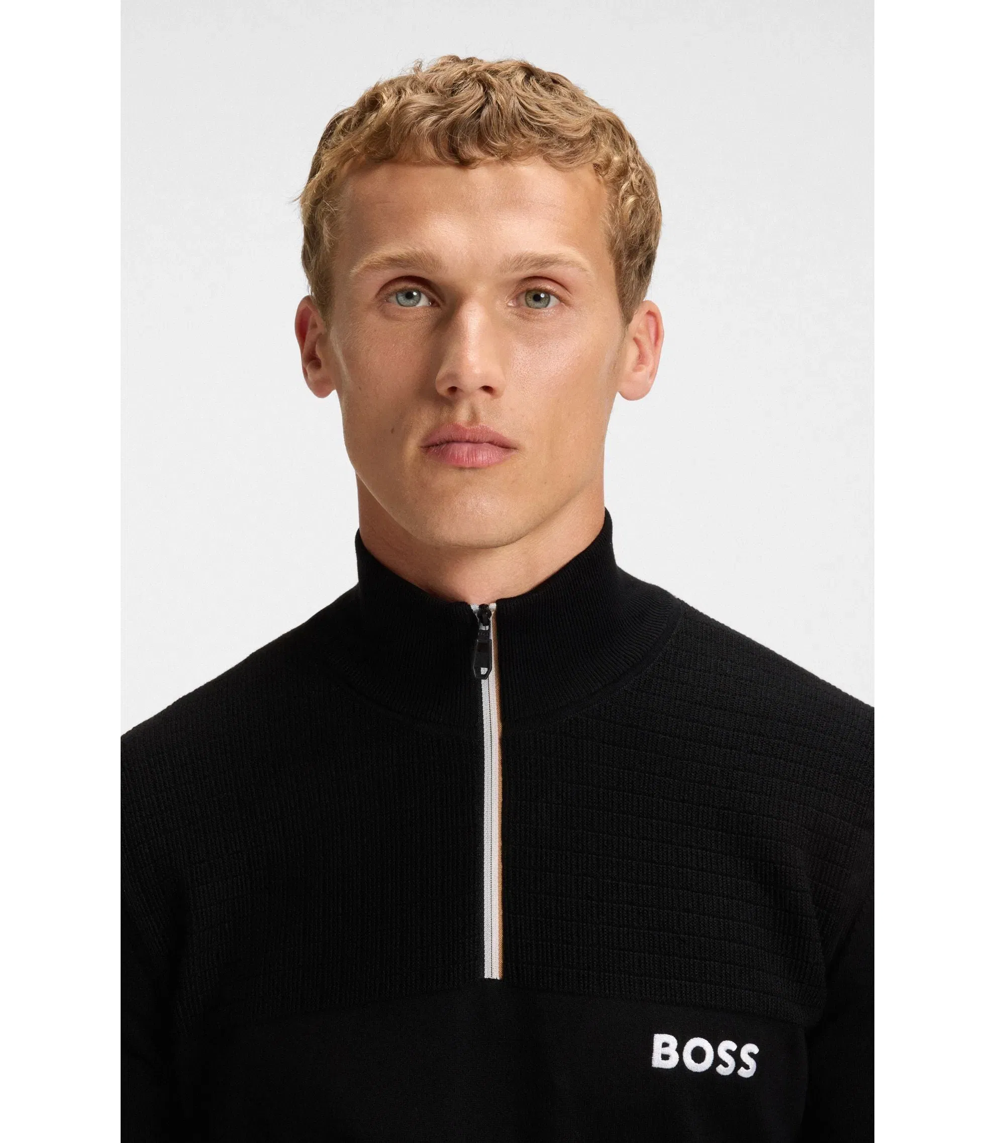Boss Water Repellent Zip Neck Sweater In A Cotton Blend Black