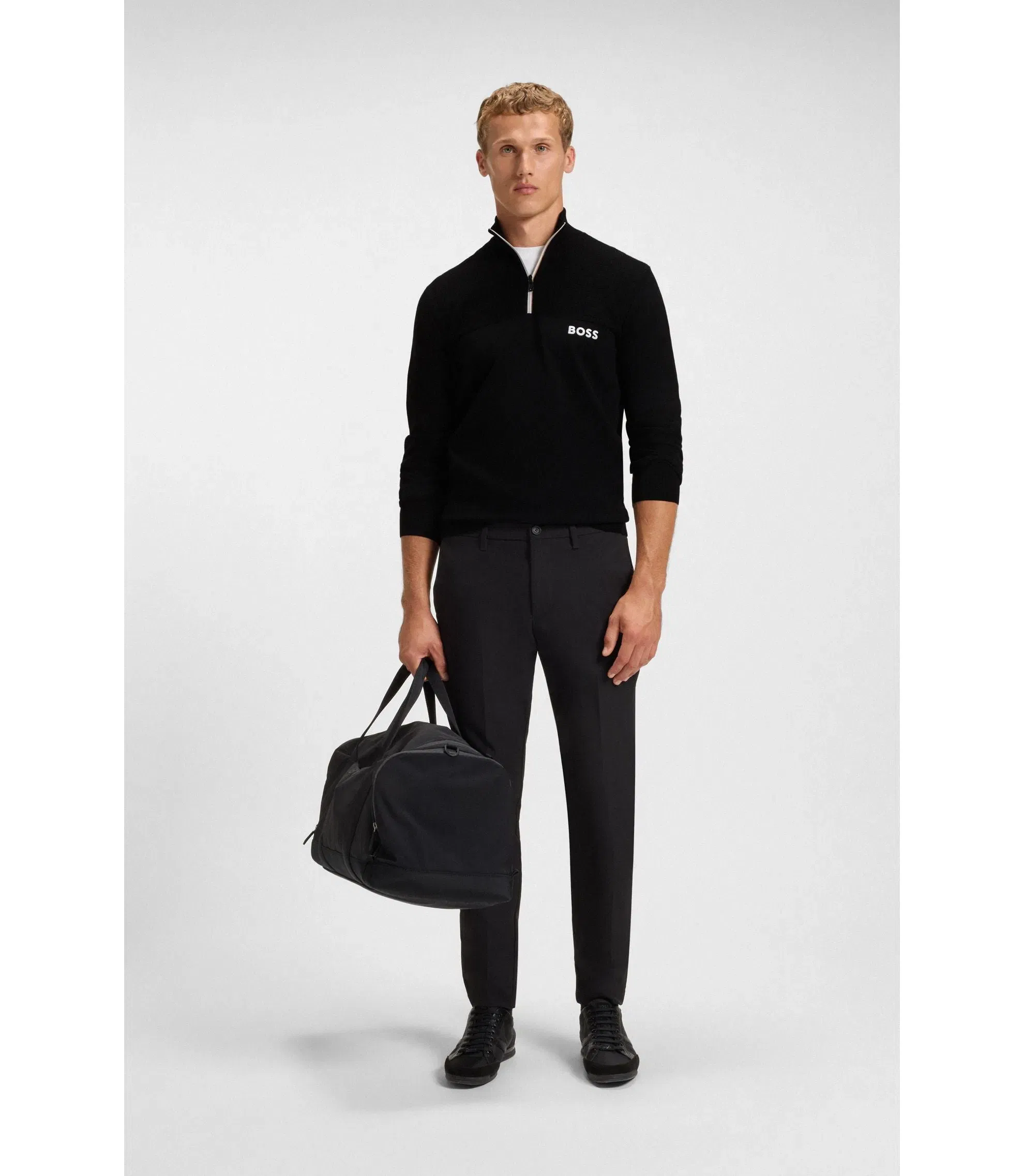 Boss Water Repellent Zip Neck Sweater In A Cotton Blend Black