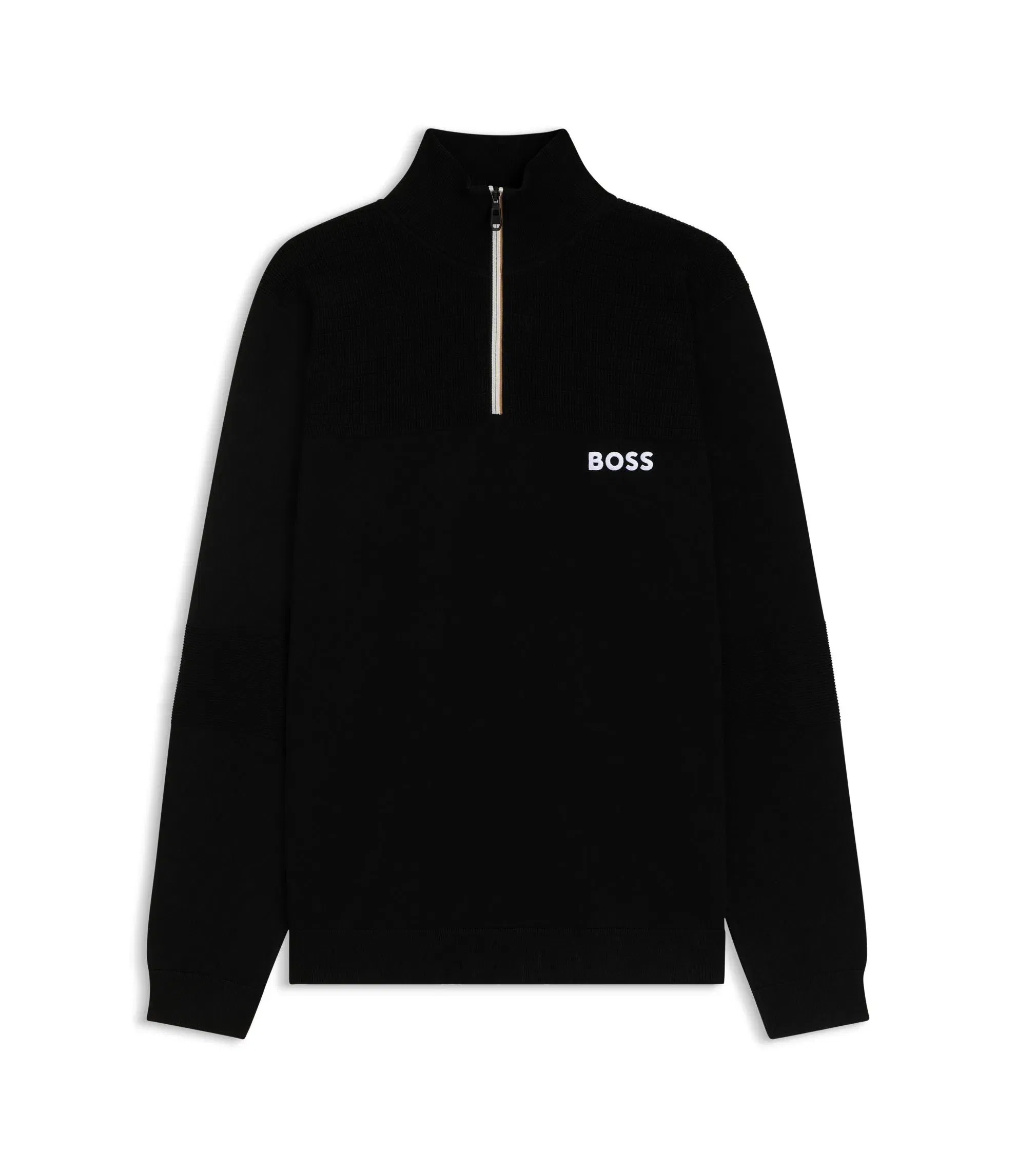 Boss Water Repellent Zip Neck Sweater In A Cotton Blend Black