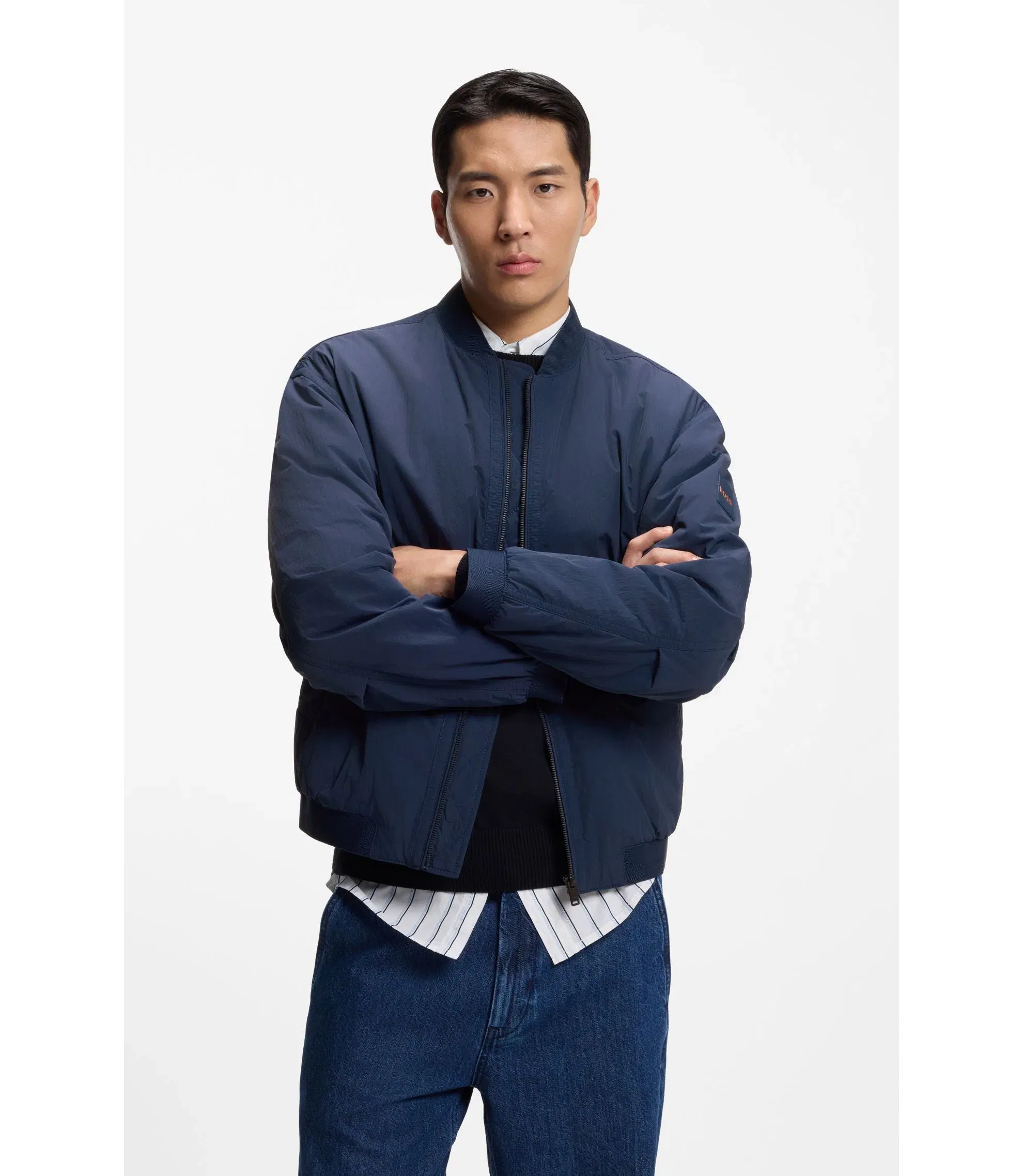 Boss Water Repellent Bomber Jacket In Cotton Touch Fabric Light Blue