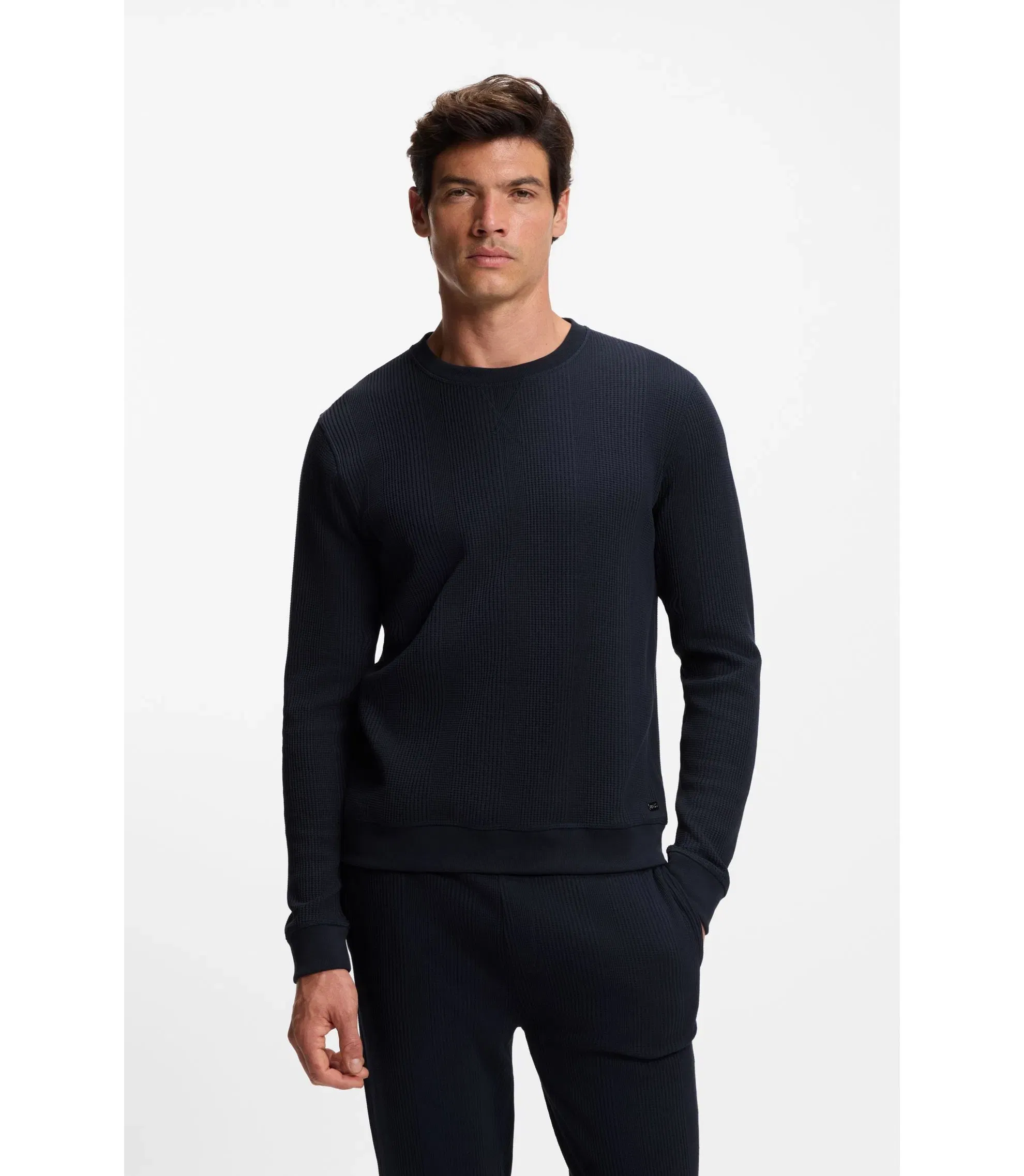 Boss Waffle Texture Sweatshirt In A Cotton Blend Dark Blue