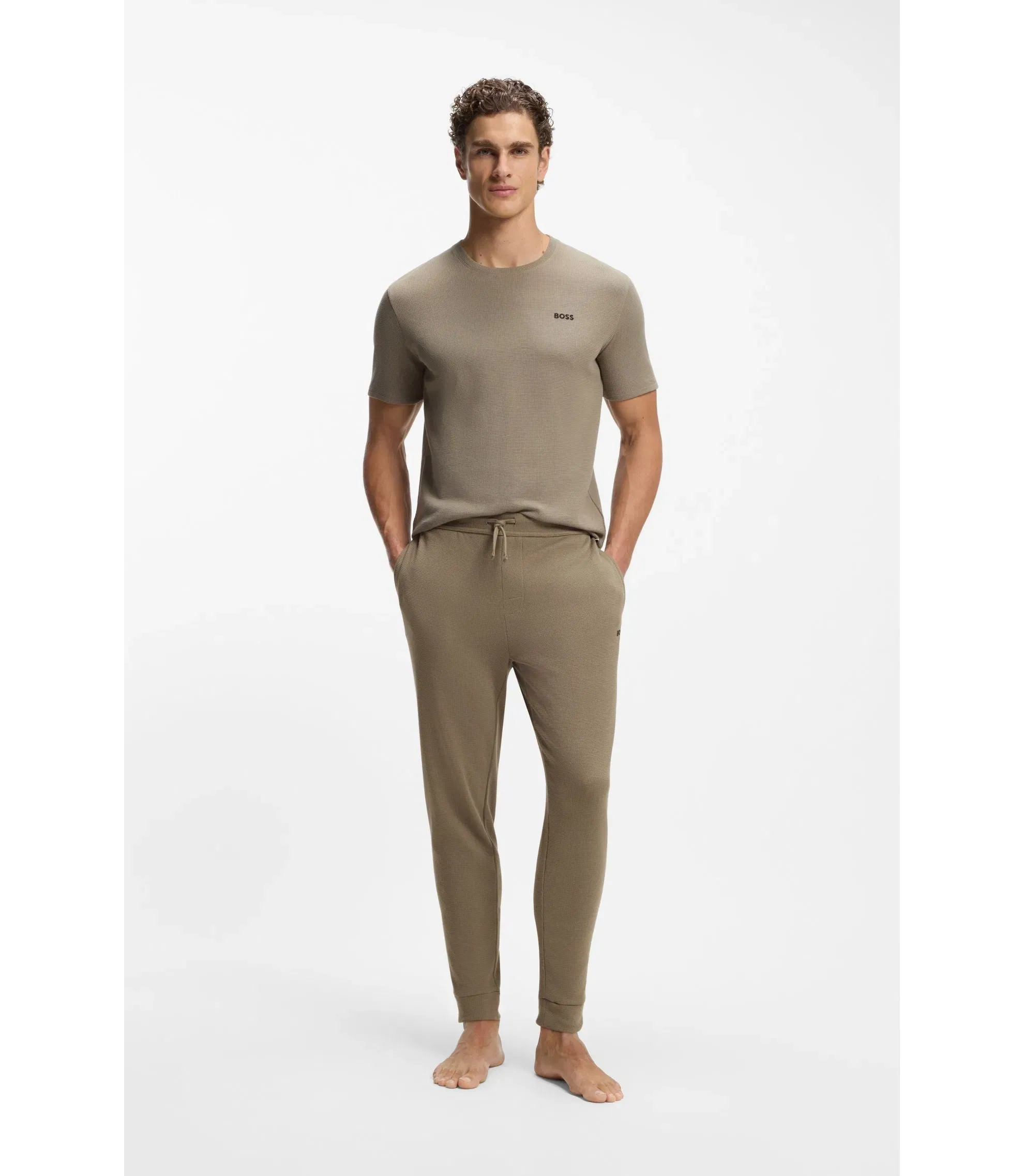 Boss Waffle Structure Pyjama Bottoms In A Cotton Blend Light Brown