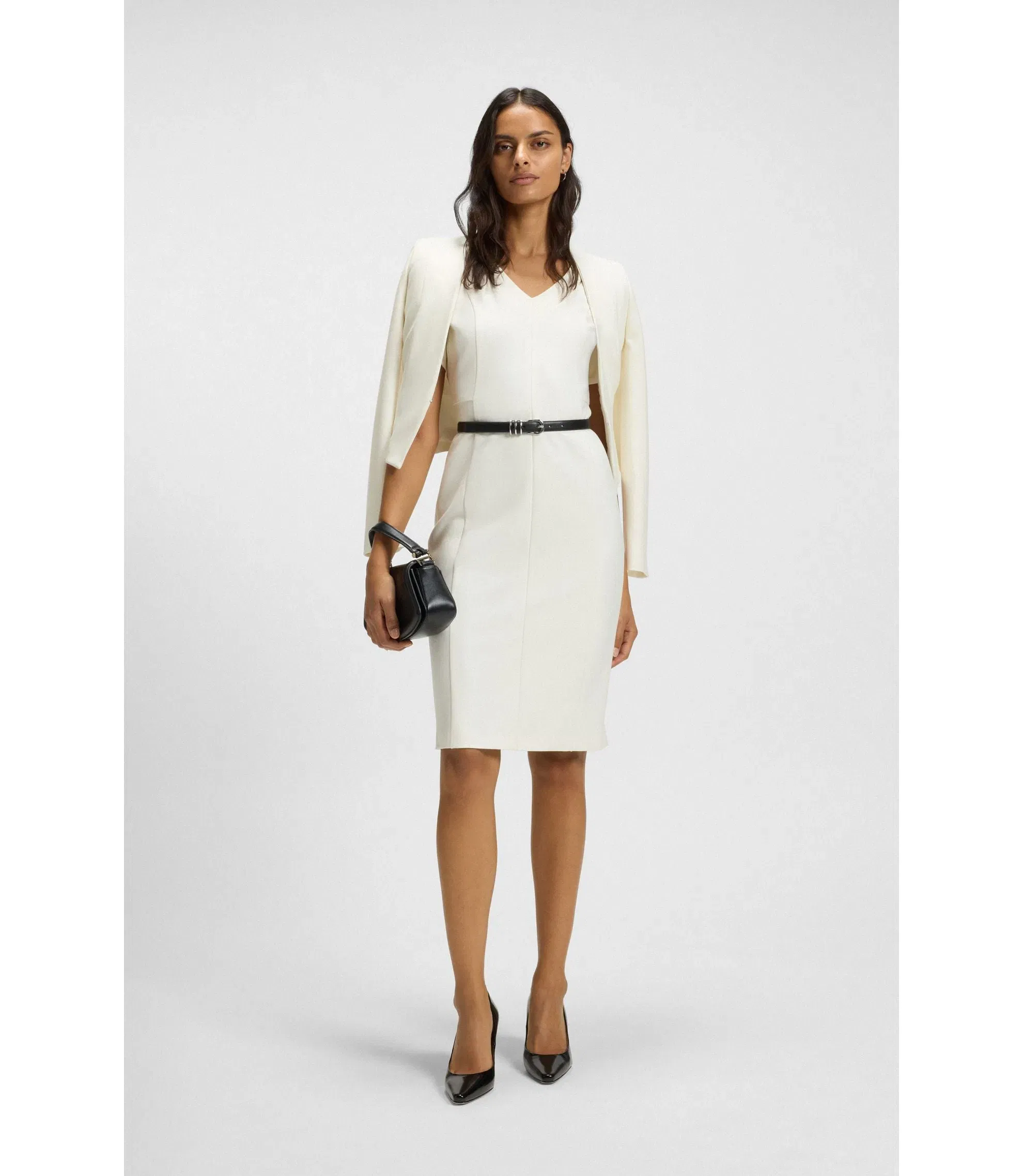 Boss V Neck Business Dress With Seam Details White Women's