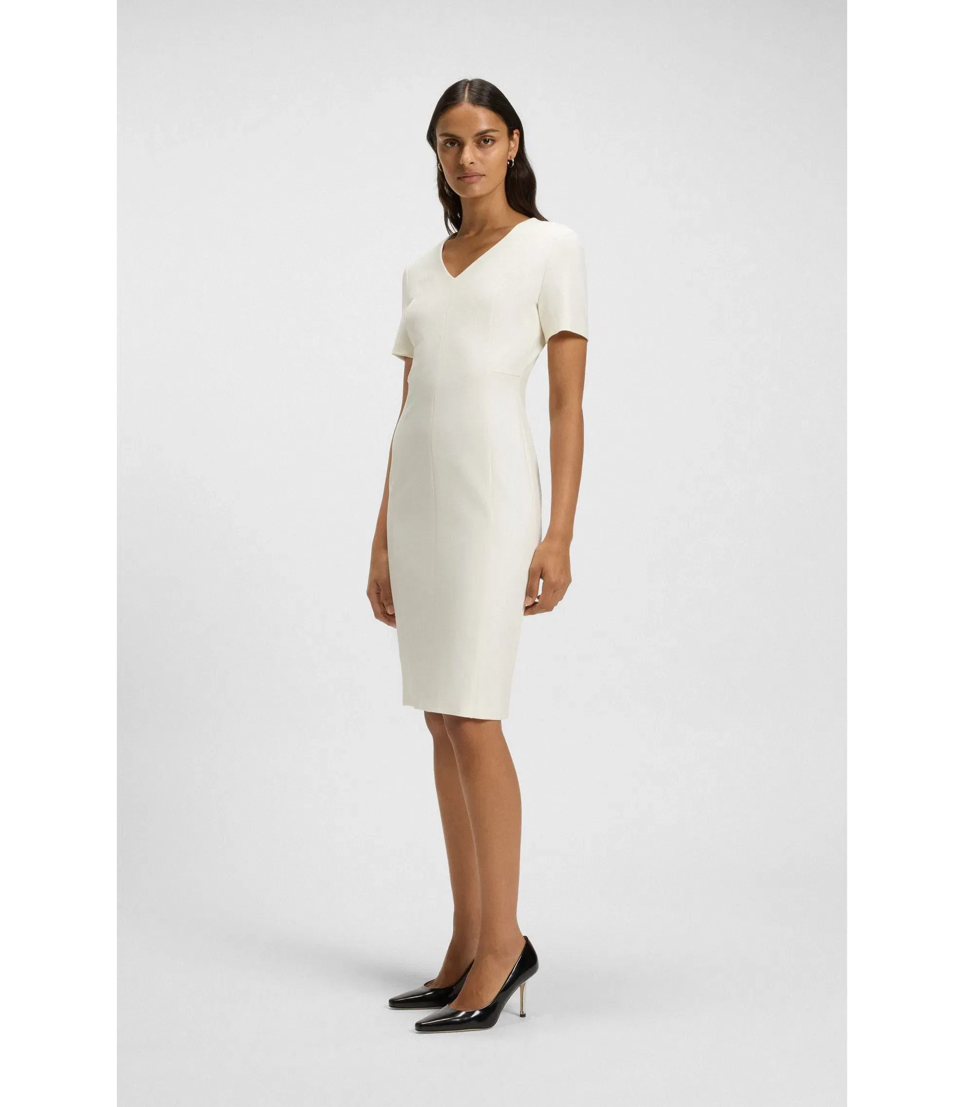 Boss V Neck Business Dress With Seam Details White Women's