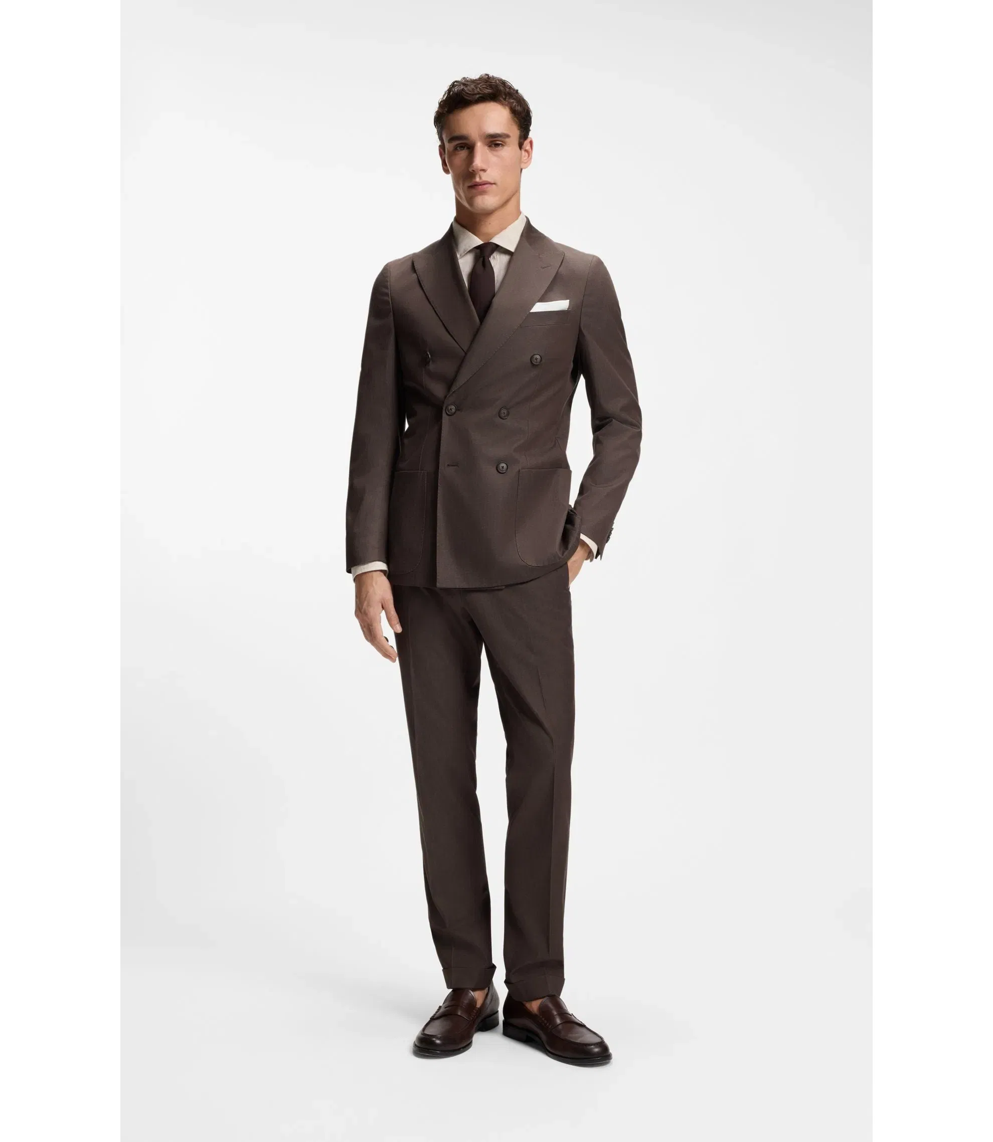 Boss Two Piece Slim Fit Suit In Stretch Cotton Dark Brown