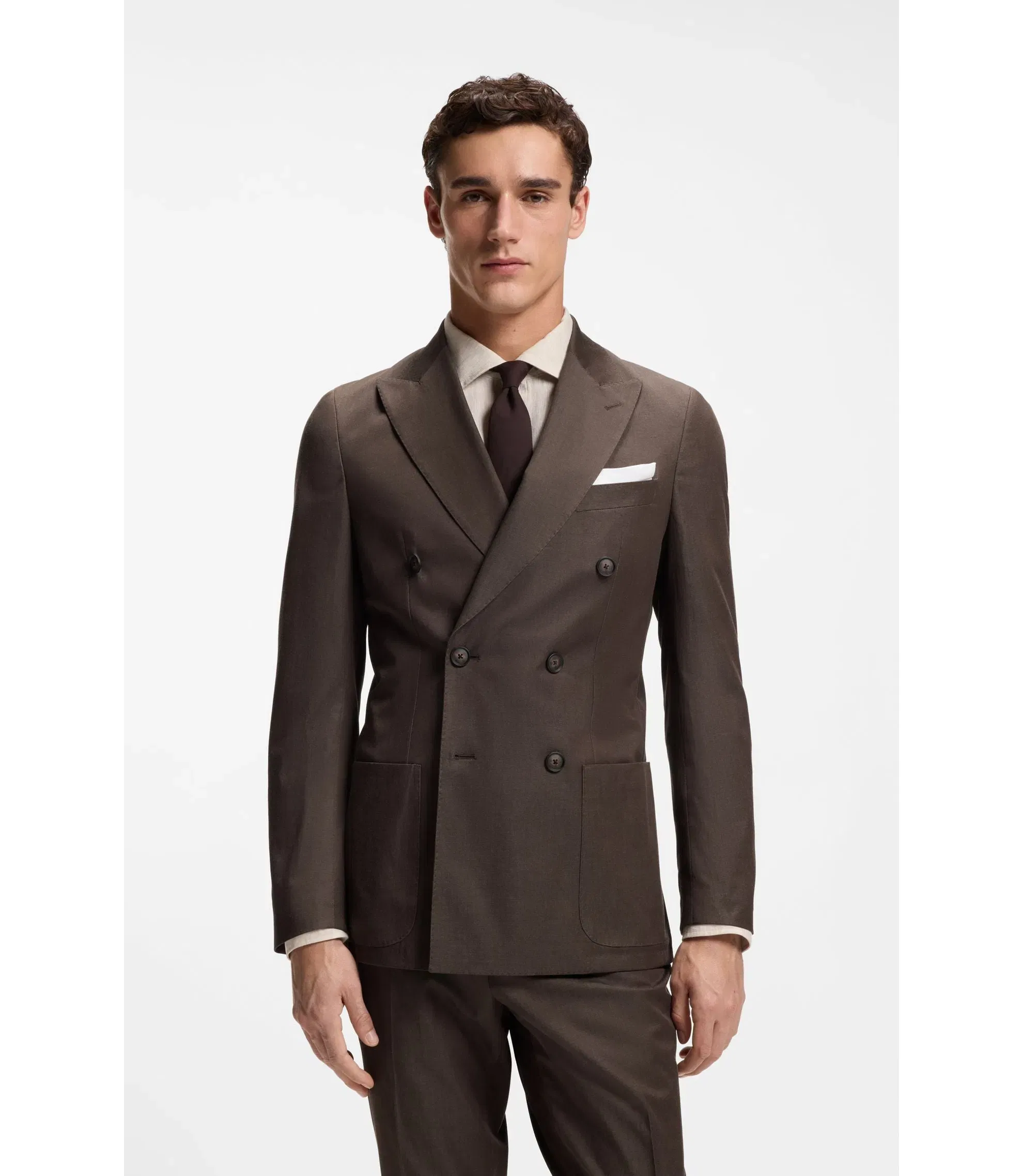 Boss Two Piece Slim Fit Suit In Stretch Cotton Dark Brown