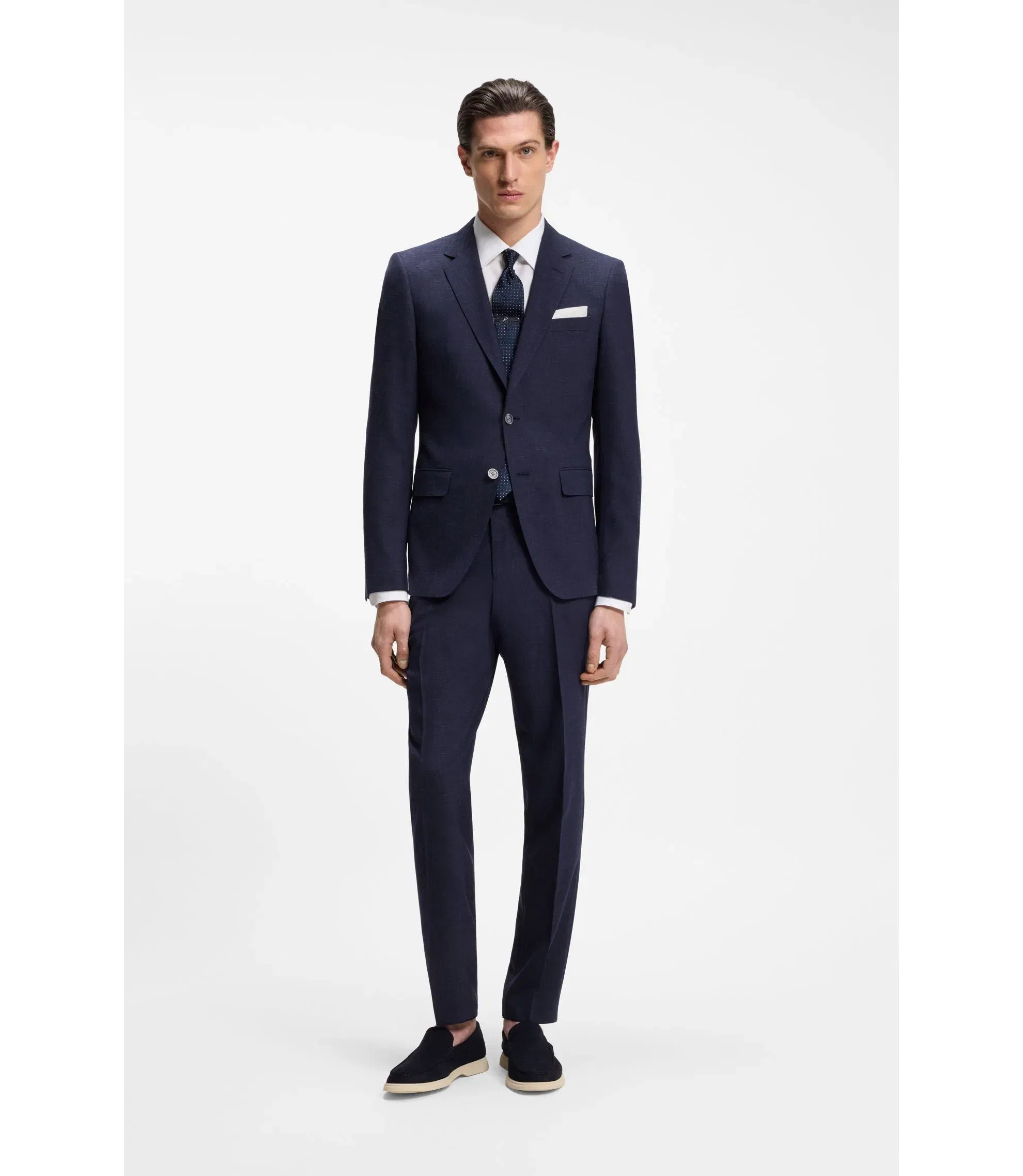 Boss Two Piece Slim Fit Suit In Micro Patterned Cloth Dark Blue