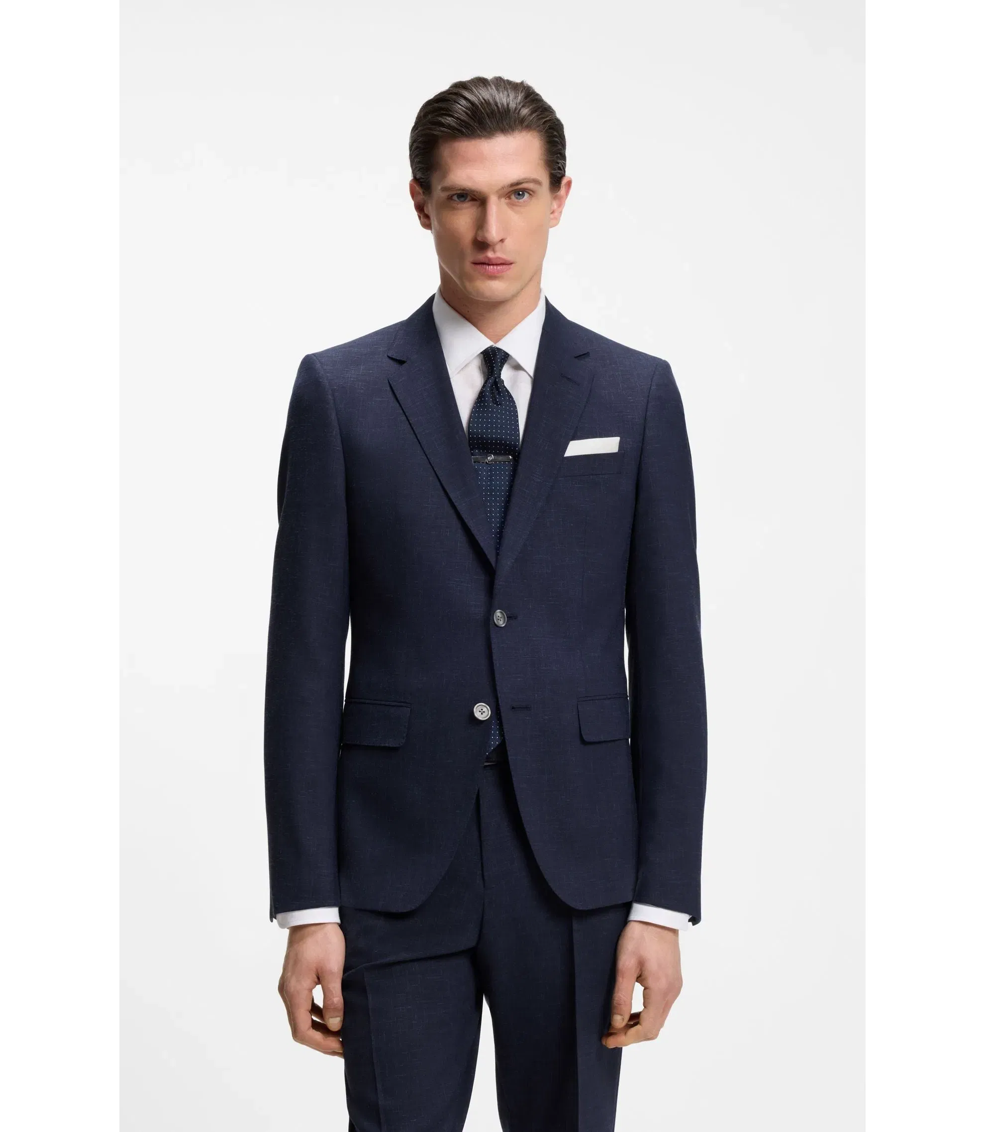 Boss Two Piece Slim Fit Suit In Micro Patterned Cloth Dark Blue