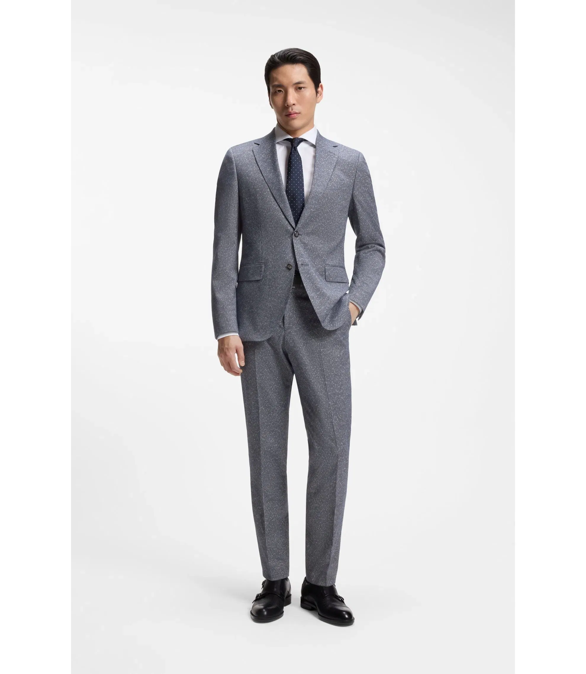 Boss Two Piece Regular Fit Suit In Stretch Boucl Dark Blue