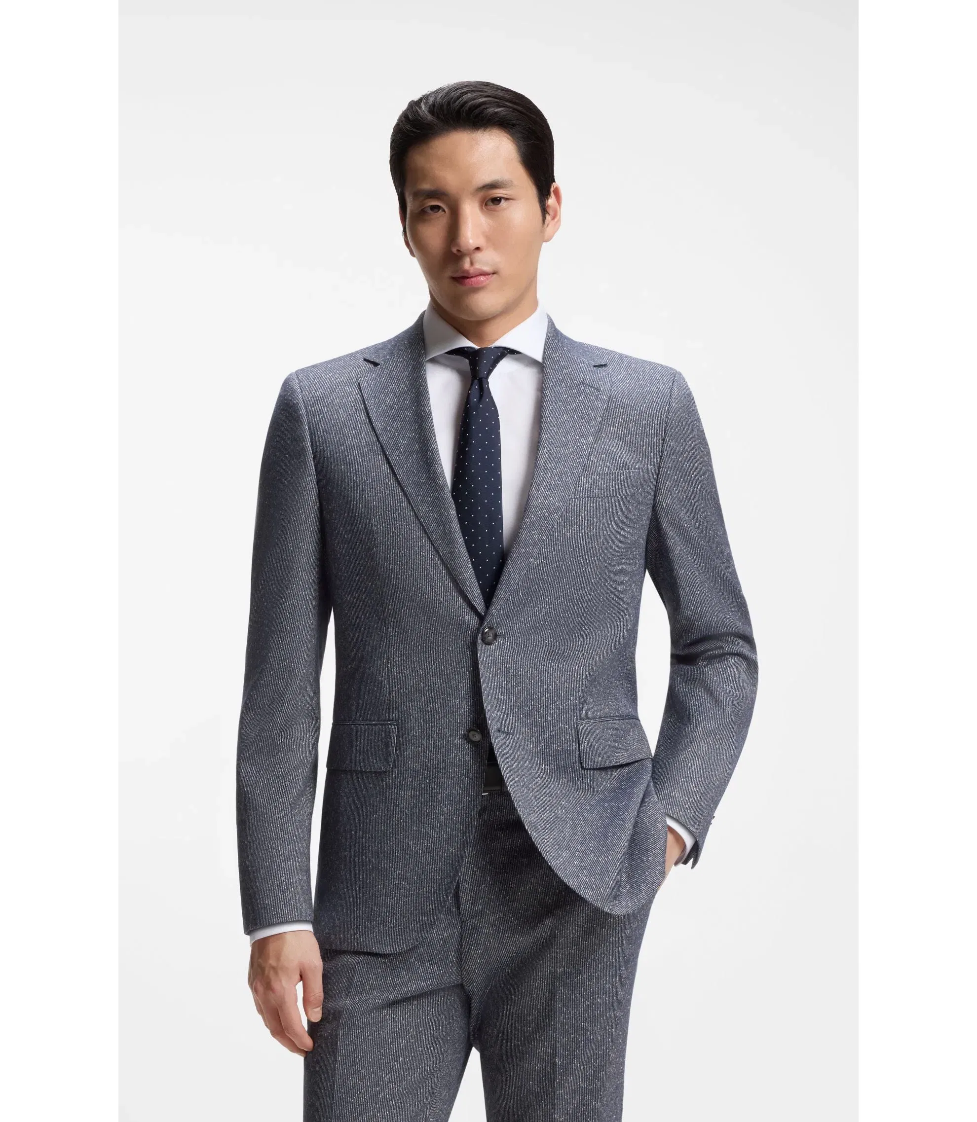Boss Two Piece Regular Fit Suit In Stretch Boucl Dark Blue