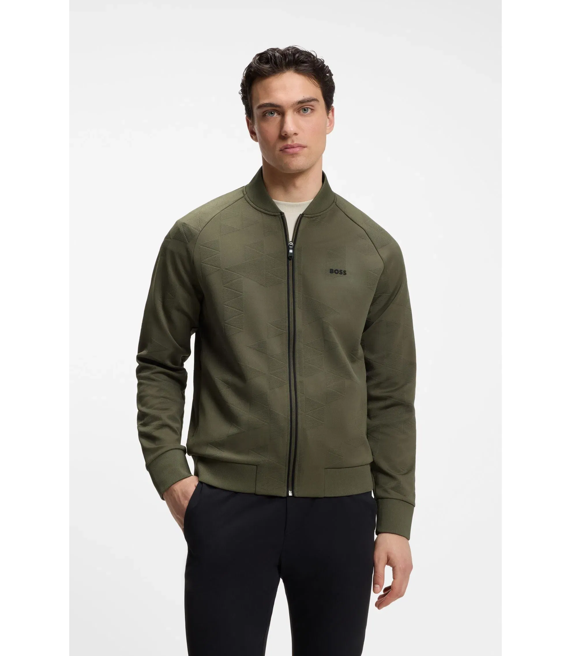Boss Triangle Jacquard Zip Up Sweatshirt With Rubberized Logo Light Green