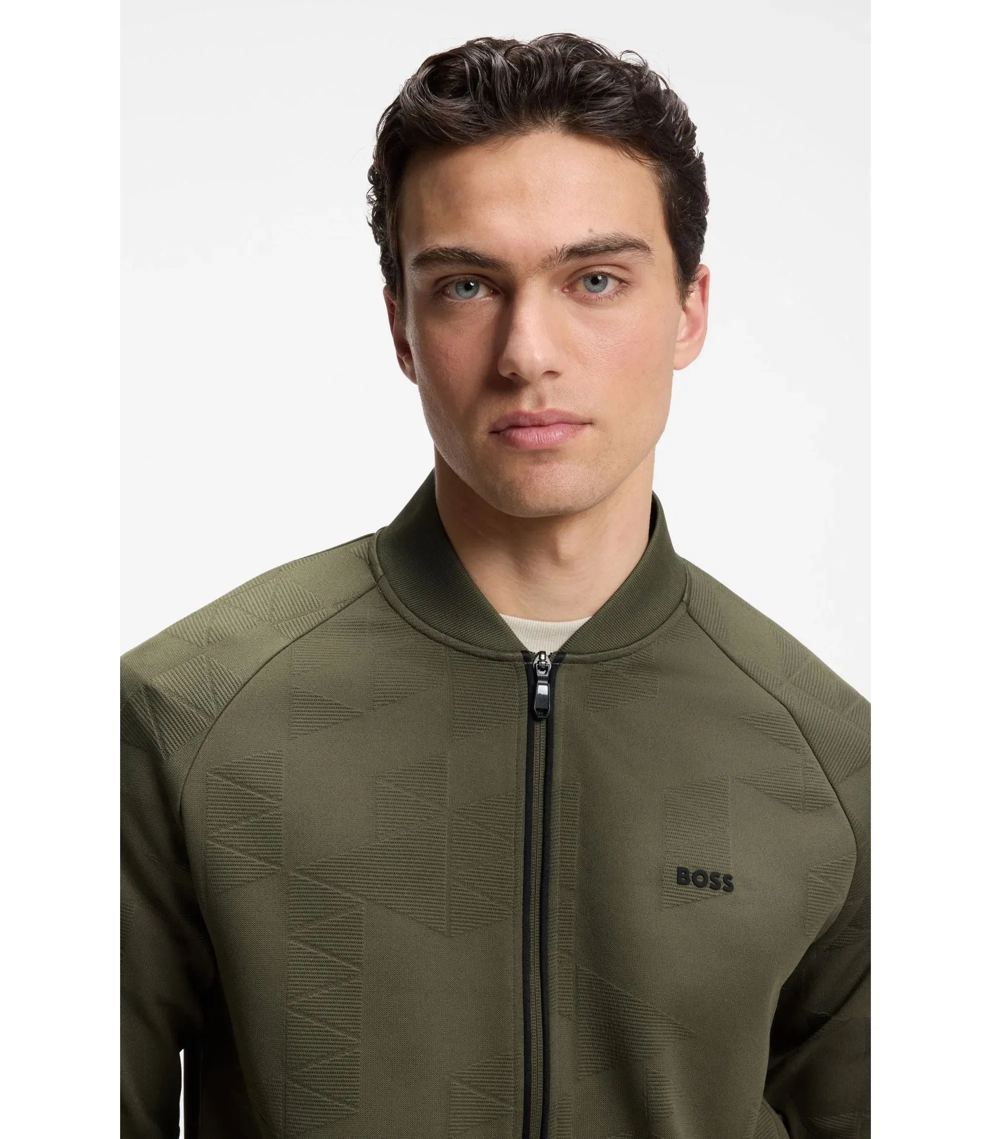 Boss Triangle Jacquard Zip Up Sweatshirt With Rubberized Logo Light Green