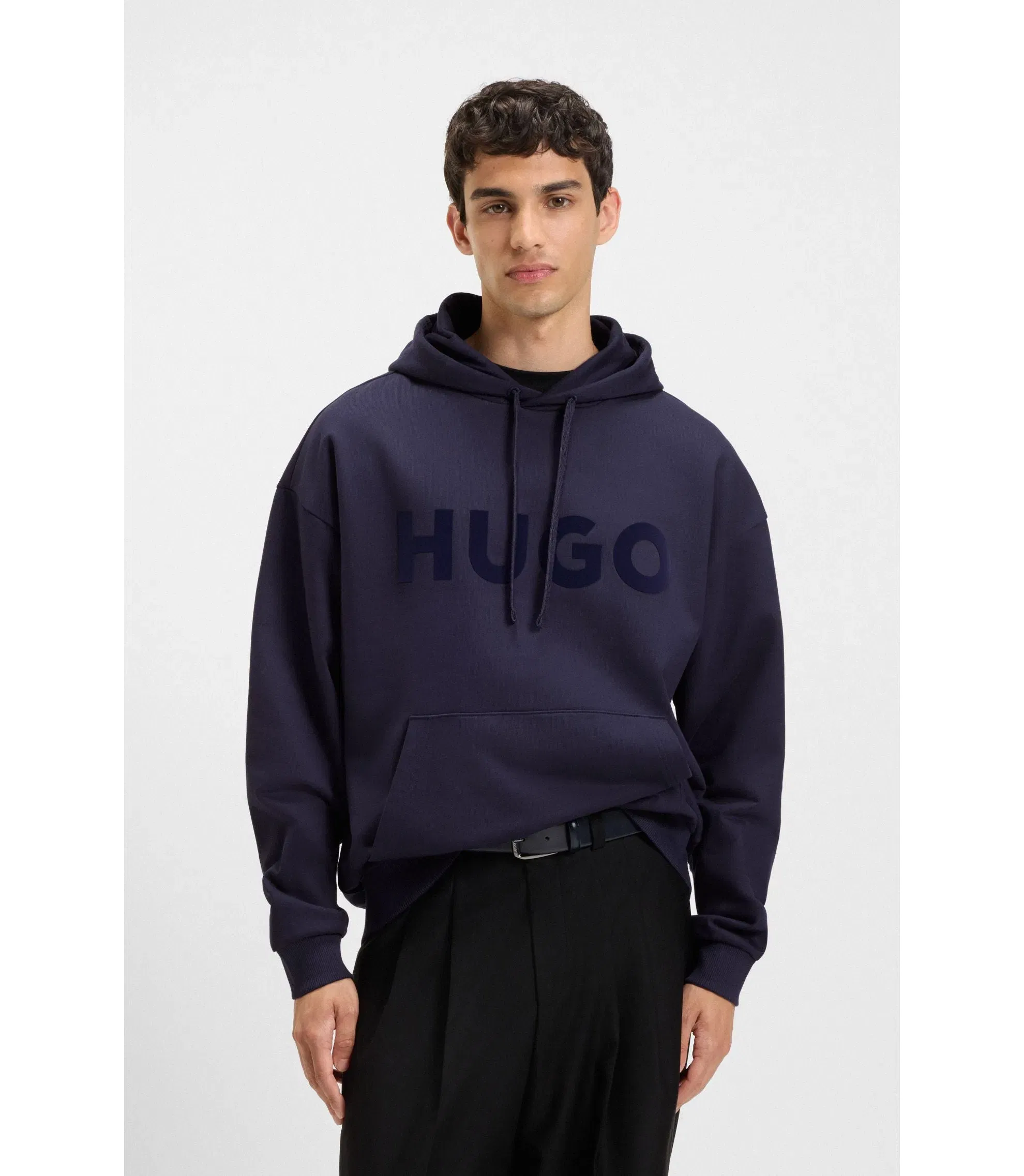Hugo Tonal Logo Hoodie In Cotton Terry Dark Blue