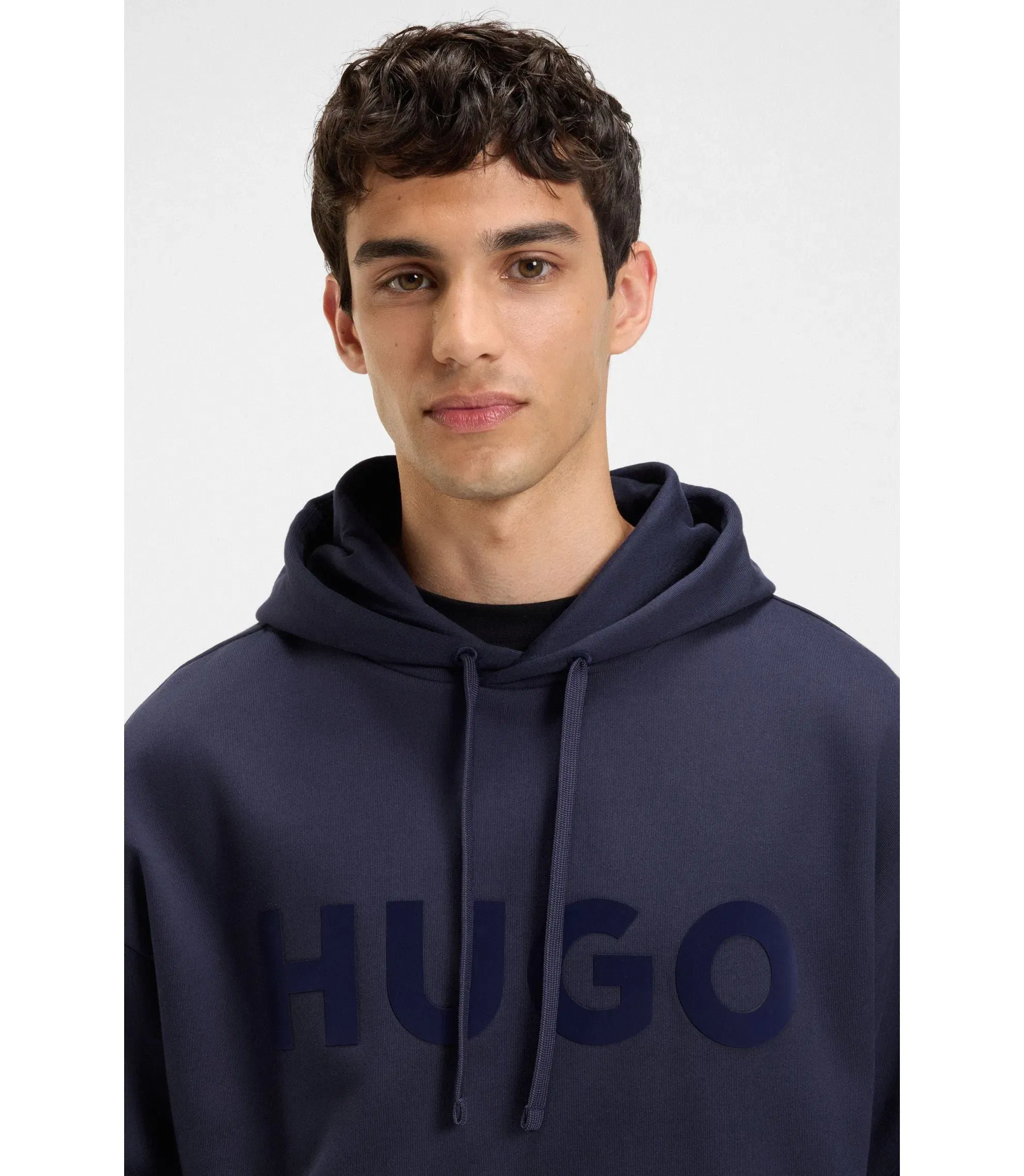 Hugo Tonal Logo Hoodie In Cotton Terry Dark Blue
