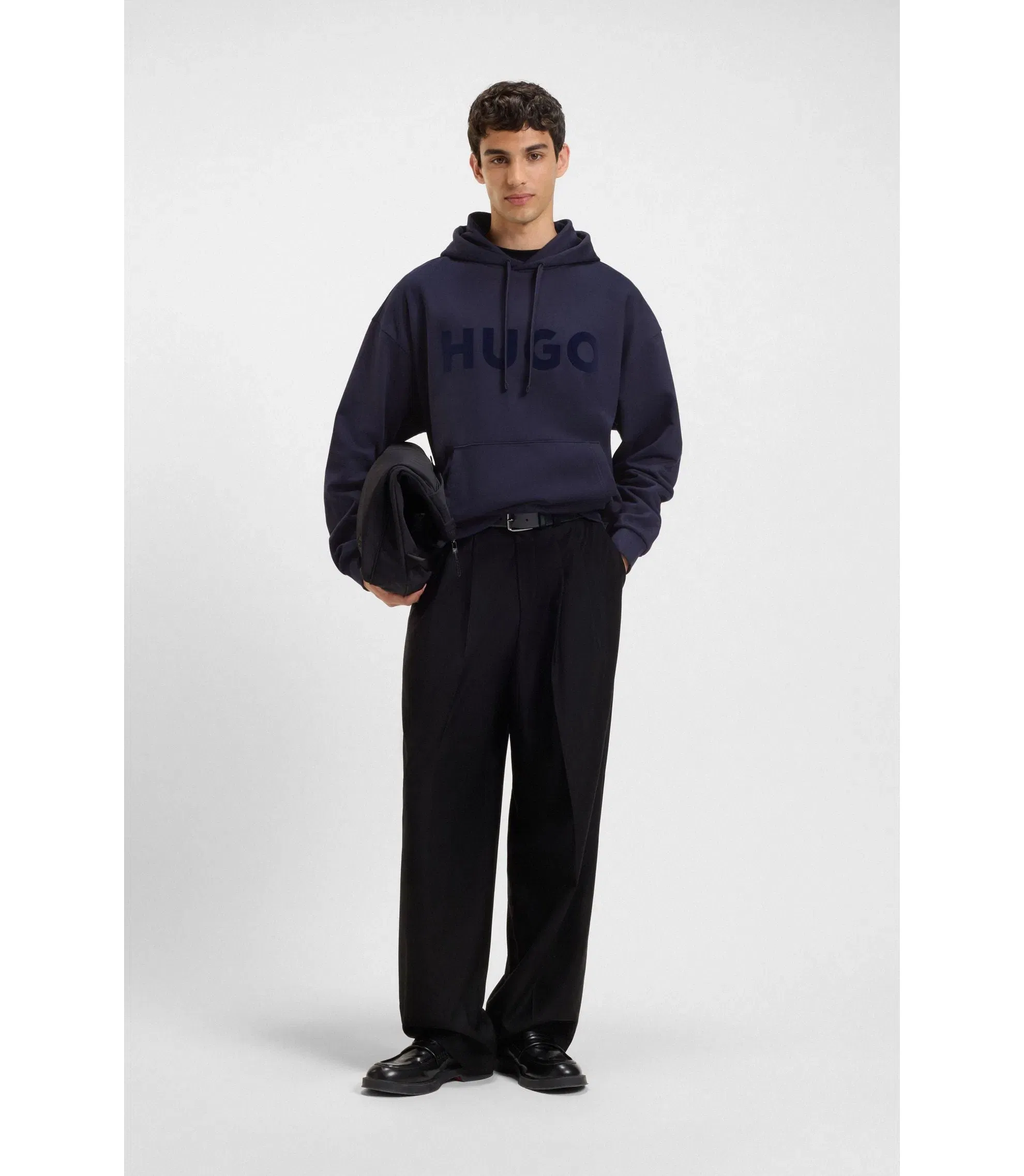 Hugo Tonal Logo Hoodie In Cotton Terry Dark Blue