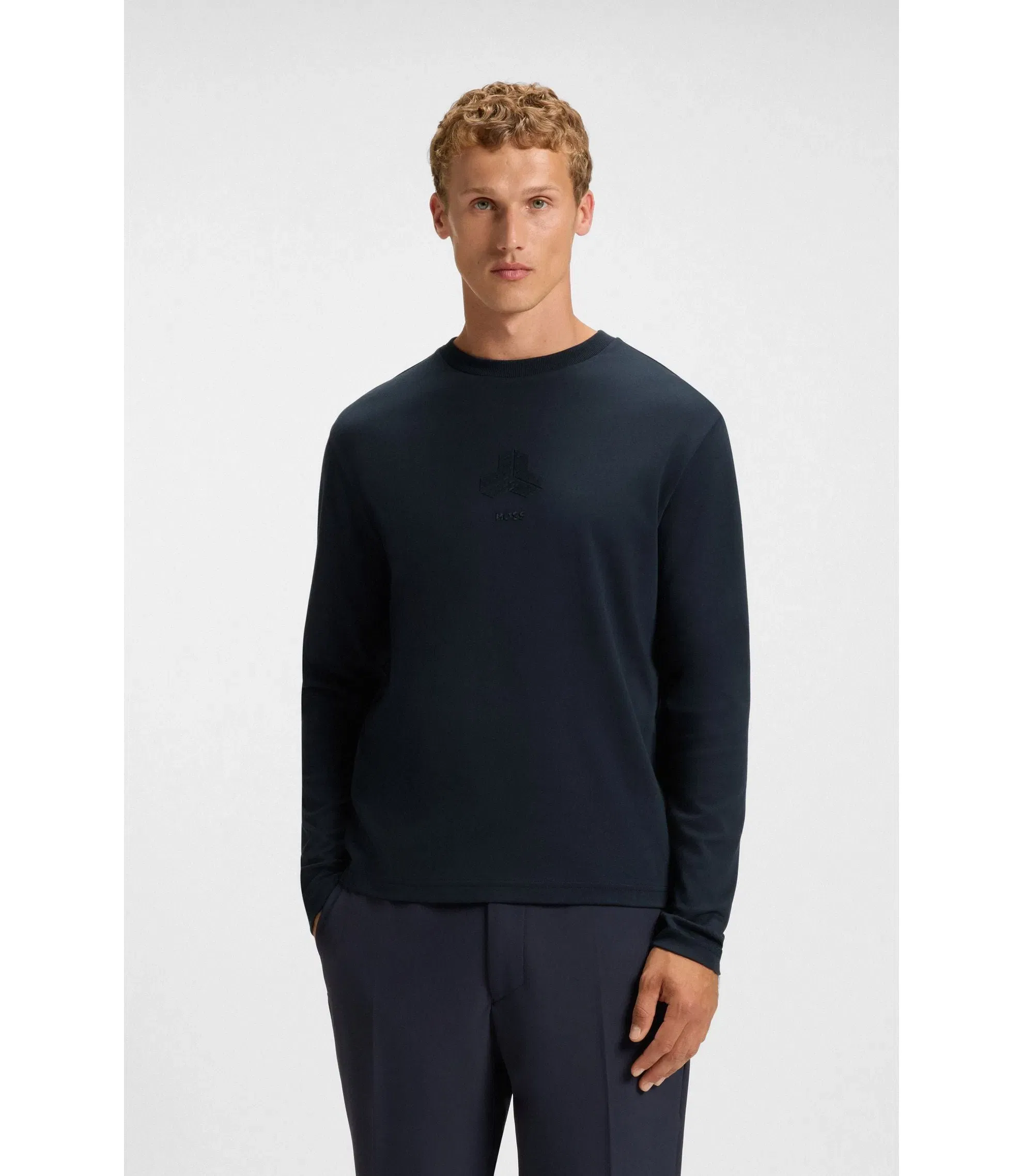 Boss Tonal Artwork T-Shirt In Interlock Cotton Dark Blue